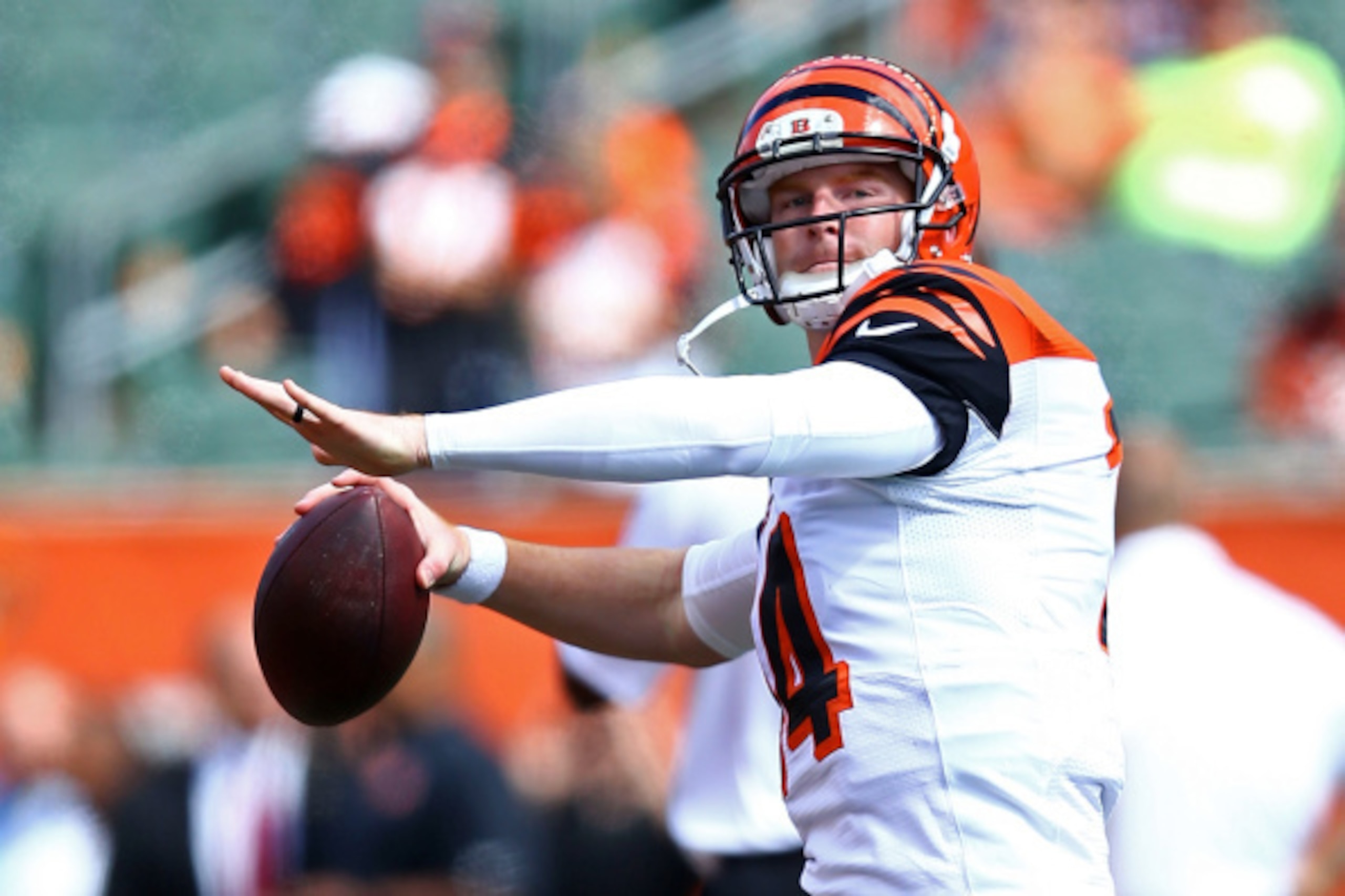 CINCINNATI, OH - SEPTEMBER 14: Andy Dalton #14 of the Cincinnati Bengals warms up prior to the start of the game against the Atlanta Falcons at Paul Brown Stadium on September 14, 2014 in Cincinnati, Ohio. (Photo by Andy Lyons/Getty Images) CINCINNATI, OH - SEPTEMBER 14: Andy Dalton #14 of the Cincinnati Bengals warms up prior to the start of the game against the Atlanta Falcons at Paul Brown Stadium on September 14, 2014 in Cincinnati, Ohio. (Photo by Andy Lyons/Getty Images)