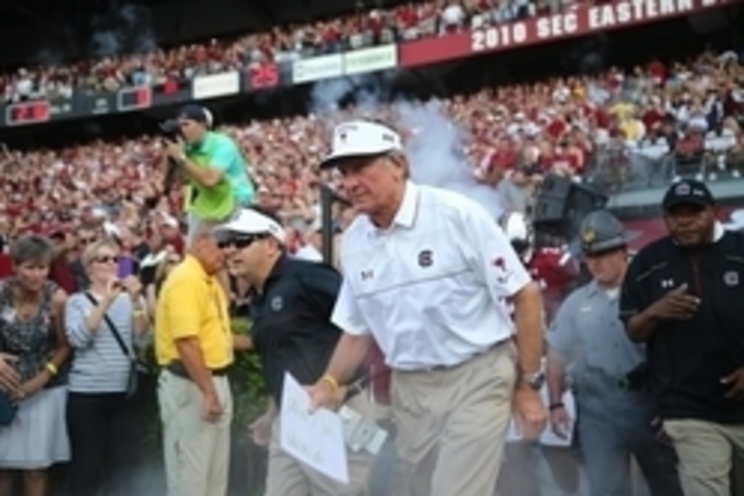 Sep 6, 2014; Columbia, SC, USA;  South Carolina Gamecocks head coach Steve Spurrier takes the field during  game action between the South Carolina Gamecocks and East Carolina Pirates at Williams-Brice Stadium. South Carolina wins 33-23 over East Carolina.