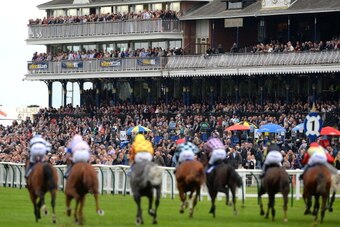 AYR,  SCOTLAND - SEPTEMBER 21:  The Jordan Electrics Ltd Handicap Stakes watched by a full grandstand of spectators at Ayr racecourse on September 21, 2013 in Ayr, Scotland. (Photo by Mark Runnacles/Getty Images)