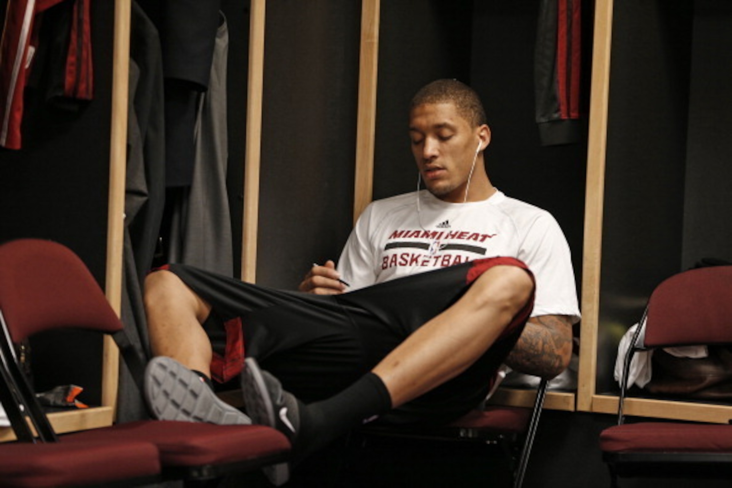 CLEVELAND, OH - NOVEMBER 27:  Michael Beasley #8 of the Miami Heat prepares for the game against the Cleveland Cavaliers at The Quicken Loans Arena on November 27, 2013 in Cleveland, Ohio. NOTE TO USER: User expressly acknowledges and agrees that, by down