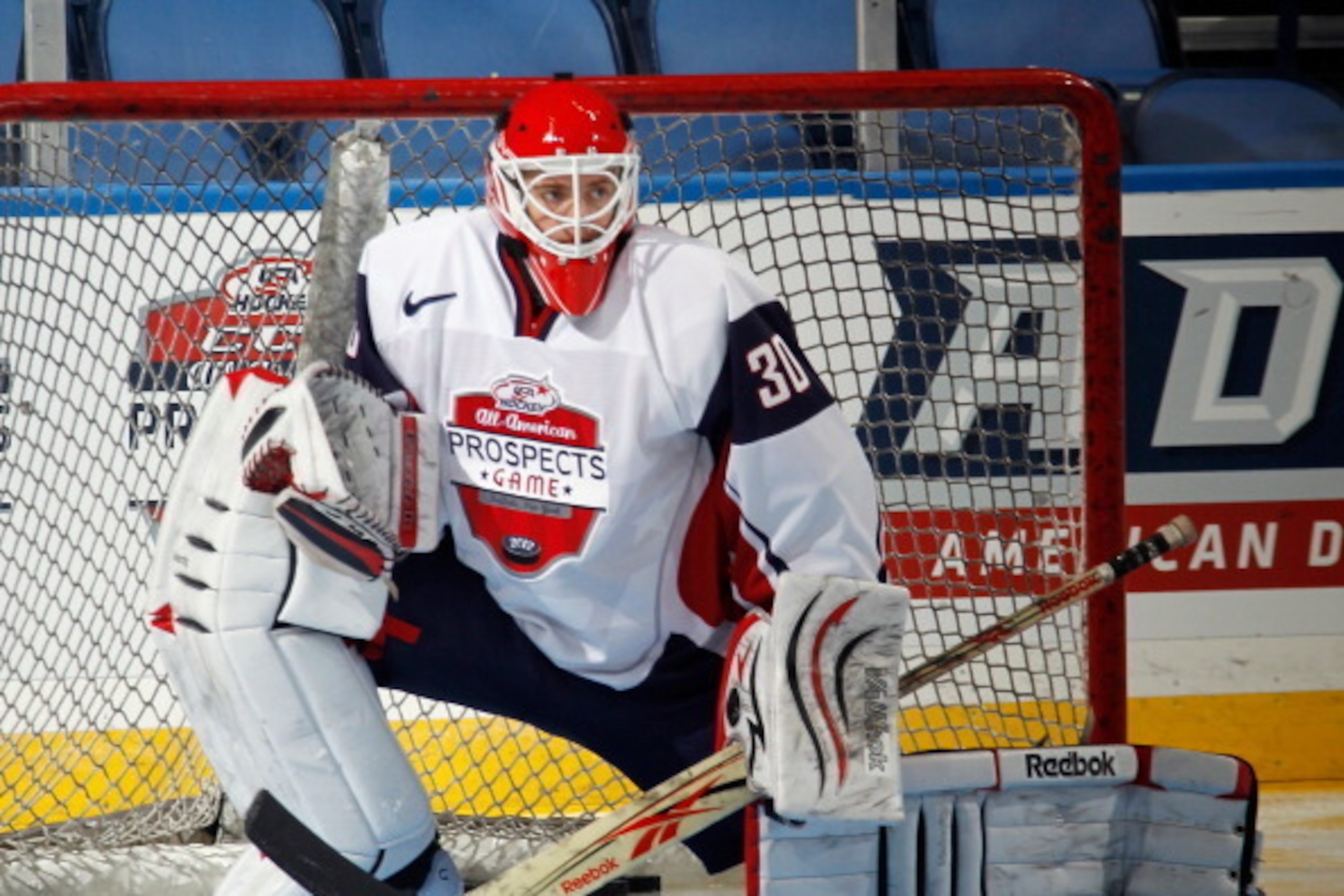 BUFFALO, NY - SEPTEMBER 29: Cal Petersen #30 of Team McClanahan takes part in the morning skate prior to the USA Hockey All-American Prospects Game at the First Niagara Center on September 29, 2012 in Buffalo, New York.  (Photo by Bruce Bennett/Getty Imag