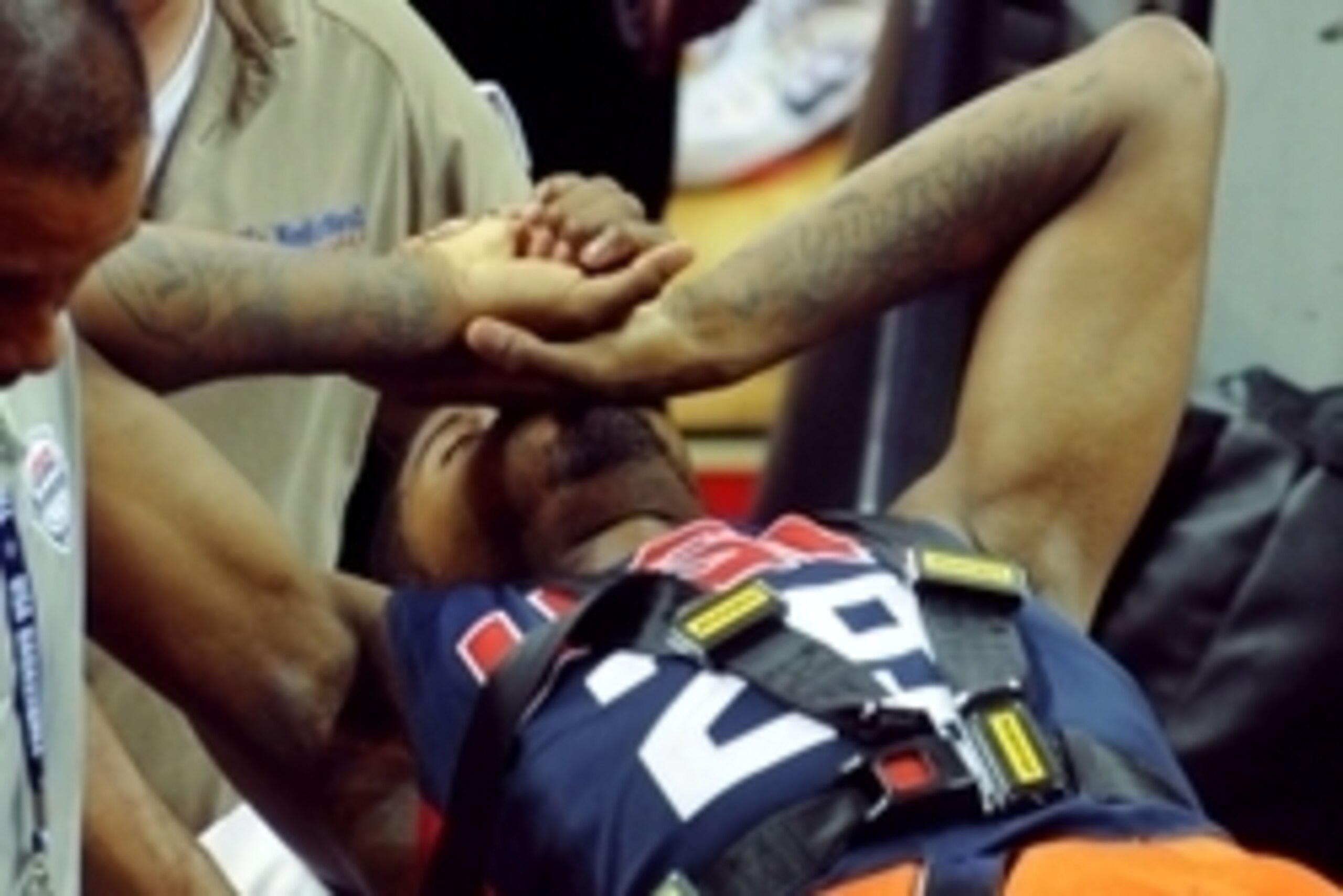 Aug 1, 2014; Las Vegas, NV, USA; Team USA guard Paul George is carted off the floor on a gurney after suffering a lower leg injury during the USA Basketball Showcase at Thomas & Mack Center. Mandatory Credit: Stephen R. Sylvanie-USA TODAY Sports Aug 1, 2014; Las Vegas, NV, USA; Team USA guard Paul George is carted off the floor on a gurney after suffering a lower leg injury during the USA Basketball Showcase at Thomas & Mack Center. Mandatory Credit: Stephen R. Sylvanie-USA TODAY Sports