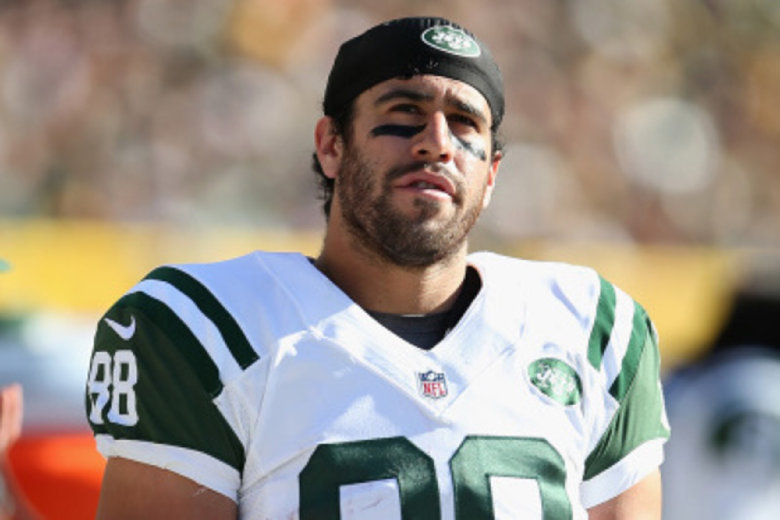 GREEN BAY, WI - SEPTEMBER 14:  Tight end Jace Amaro #88 of the New York Jets on the sidelines during the NFL game against the Green Bay Packers at Lambeau Field on September 14, 2014 in Green Bay, Wisconsin. The Packers defeated the Jets 31-24.  (Photo by