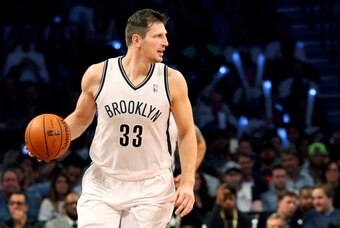 May 10, 2014; Brooklyn, NY, USA; Brooklyn Nets forward Mirza Teletovic (33) advances the ball during the third quarter against the Miami Heat in game three of the second round of the 2014 NBA Playoffs at Barclays Center. Brooklyn Nets won 104-90.  Mandato
