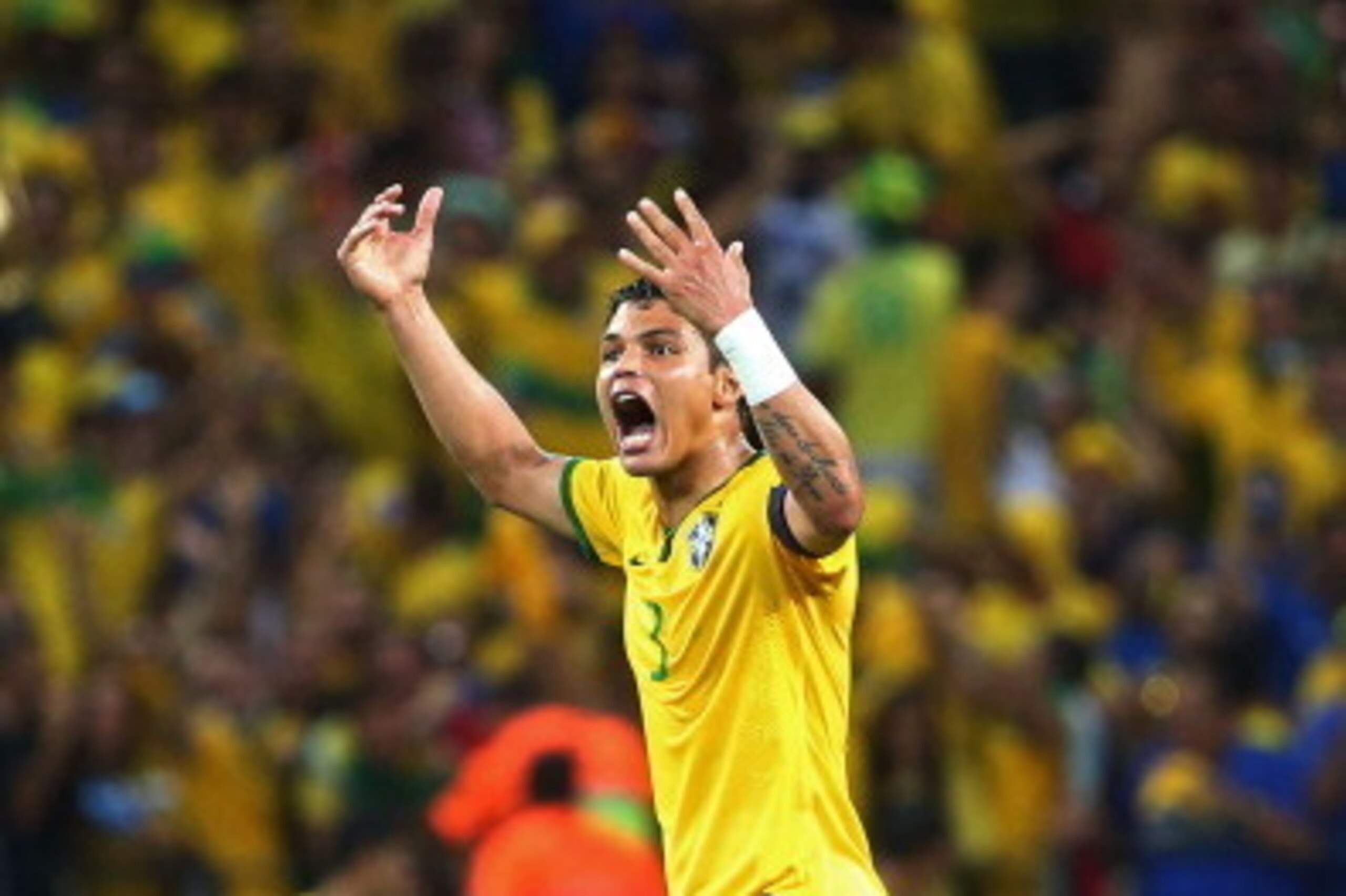 FORTALEZA, BRAZIL - JULY 04:  Thiago Silva of Brazil celebrates his team's second goal during the 2014 FIFA World Cup Brazil Quarter Final match between Brazil and Colombia at Castelao on July 4, 2014 in Fortaleza, Brazil.  (Photo by Robert Cianflone/Gett