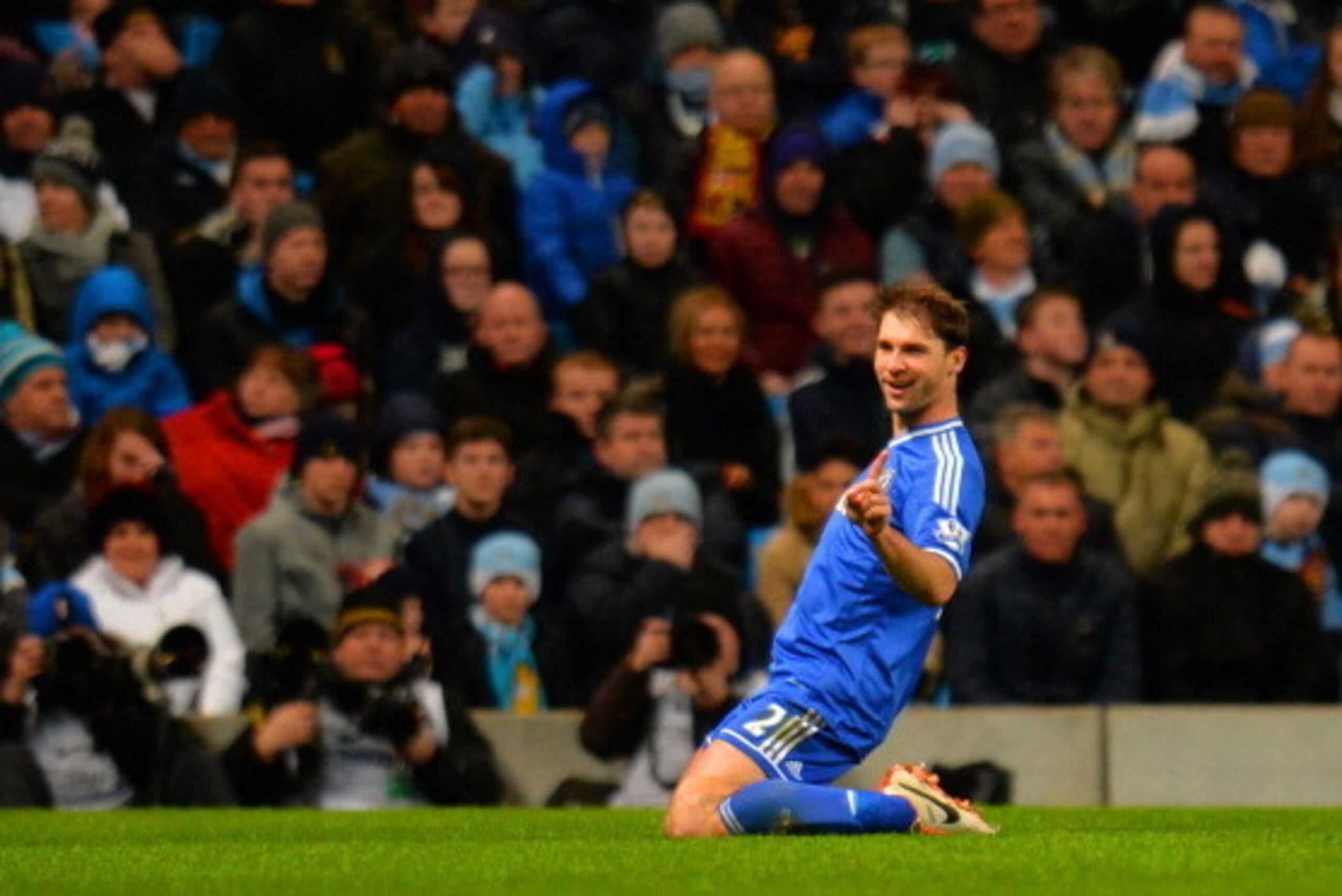 MANCHESTER, ENGLAND - FEBRUARY 03:  Branislav Ivanovic of Chelsea celebrates scoring their first goal during the Barclays Premier League match between Manchester City and Chelsea at Etihad Stadium on February 3, 2014 in Manchester, England.  (Photo by Sha