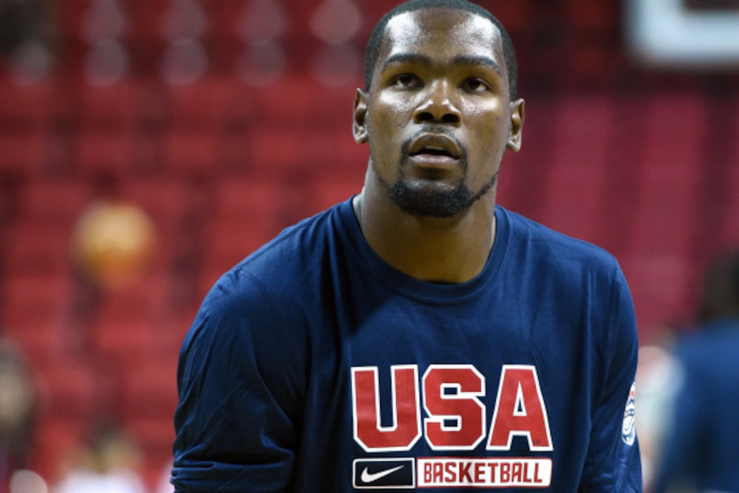 LAS VEGAS, NV - AUGUST 01:  Kevin Durant #52 of the 2014 USA Basketball Men's National Team warms up before a USA Basketball showcase at the Thomas & Mack Center on August 1, 2014 in Las Vegas, Nevada.  (Photo by Ethan Miller/Getty Images)