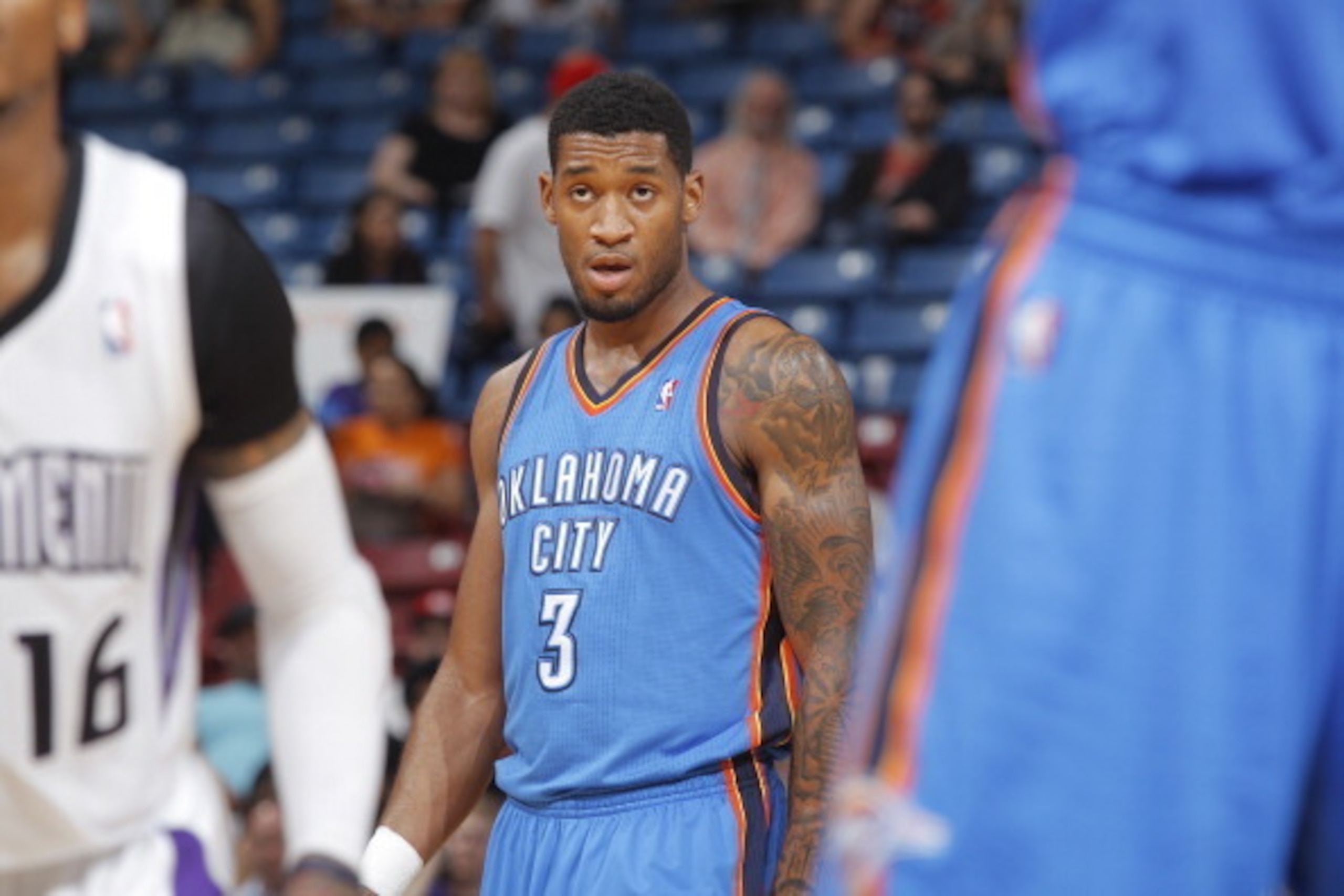 SACRAMENTO, CA - APRIL 8: Perry Jones #3 of the Oklahoma City Thunder in a game against the Sacramento Kings on April 8, 2014 at Sleep Train Arena in Sacramento, California. NOTE TO USER: User expressly acknowledges and agrees that, by downloading and or 