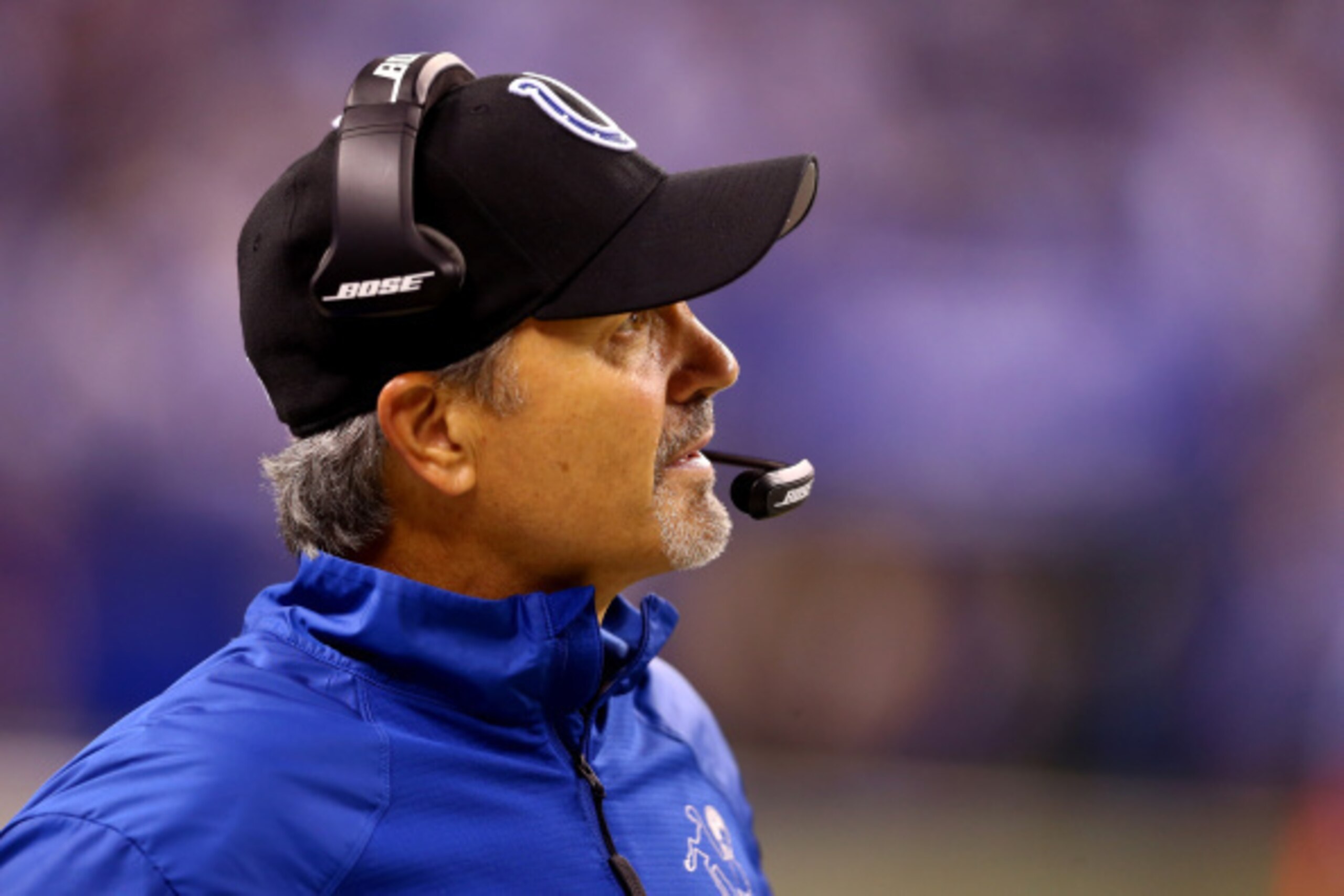 INDIANAPOLIS, IN - SEPTEMBER 15: Head coach Chuck Pagano of the Indianapolis Colts looks on against the Philadelphia Eagles during a game at Lucas Oil Stadium on September 15, 2014 in Indianapolis, Indiana.  (Photo by Andy Lyons/Getty Images)