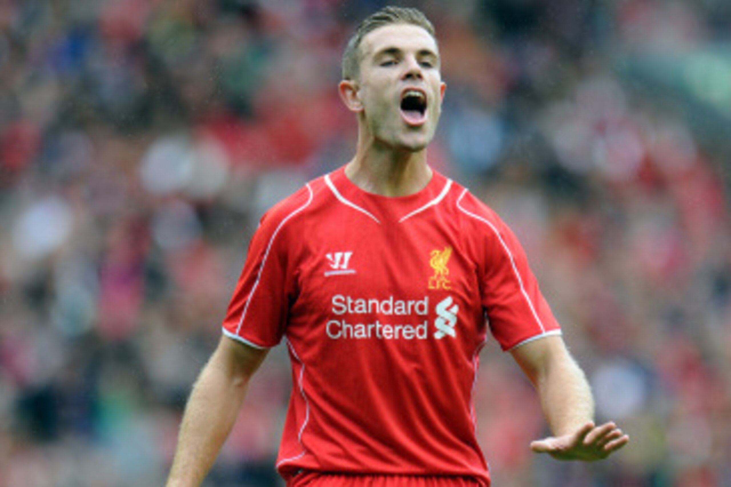 LIVERPOOL, ENGLAND - AUGUST 10:  Jordan Henderson of Liverpool during the Pre Season Friendly match between Liverpool and Borussia Dortmund at Anfield on August 10, 2014 in Liverpool, England. (Photo by Clint Hughes/Getty Images)