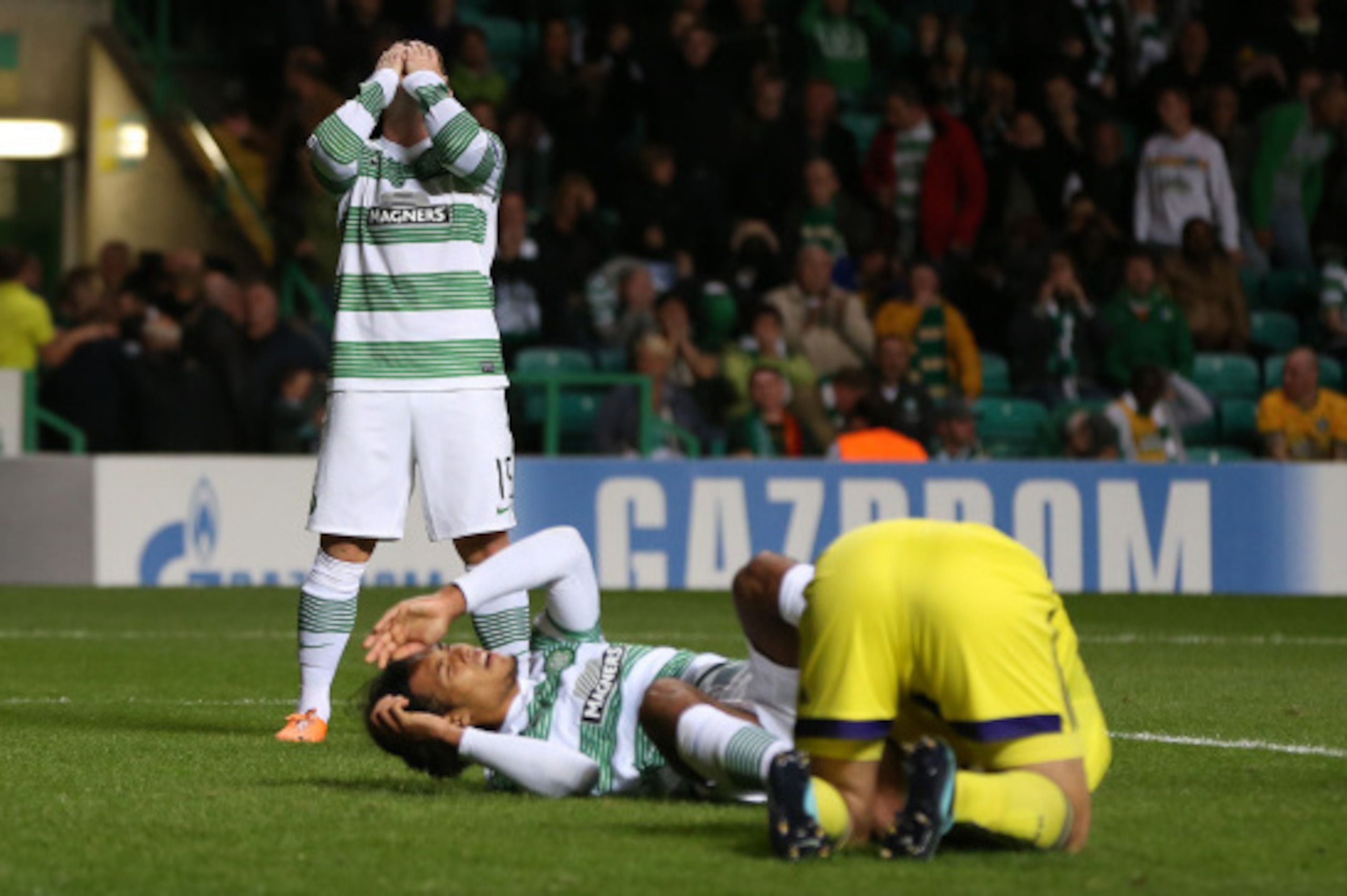 GLASGOW, SCOTLAND - AUGUST 26:  Kris Commons of Celtic reacts after a miss during the UEFA Champions League Qualifying Play-Offs Round, Second Leg Match between Celtic and Maribor, at Celtic Park on August 26, 2014 Glasgow, Scotland. (Photo by Ian MacNico