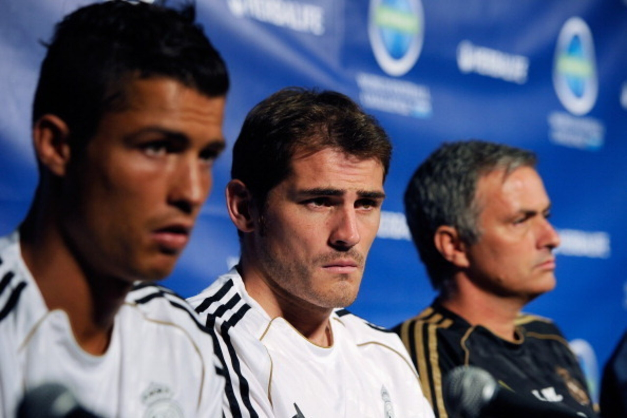LOS ANGELES, CA - JULY 12:  Real Madrid players Cristiano Ronaldo (L) goalkeeper Iker Casillas (C) and coach Jose Mourinho during a news conference to announce the Herbalife World Football Challange 2011 friendly soccer torunament between 13 european and 