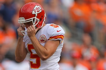 DENVER, CO - SEPTEMBER 14:  Kicker Cairo Santos #5 of the Kansas City Chiefs reacts after missing a 37-yard field goal attempt against the Denver Broncos at Sports Authority Field at Mile High on September 14, 2014 in Denver, Colorado.  (Photo by Justin E