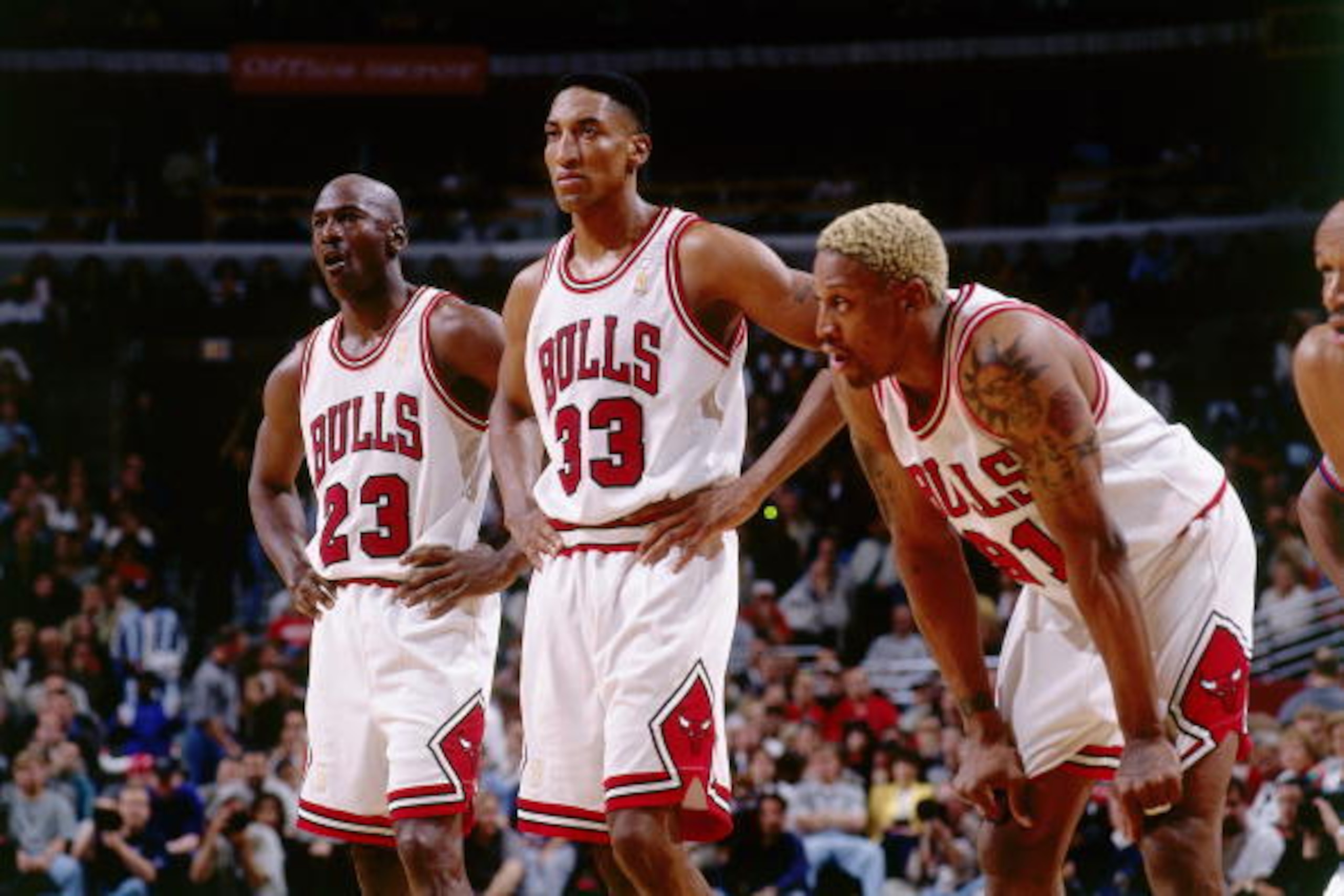CHICAGO - MAY 20: (L to R) Michael Jordan #23, Scottie Pippen #33 and Dennis Rodman #91of the Chicago Bulls look on during a break in game action during the NBA Eastern Conference Finals against the Miami Heat at the United Center on May 20, 1997 in Chic CHICAGO - MAY 20: (L to R) Michael Jordan #23, Scottie Pippen #33 and Dennis Rodman #91of the Chicago Bulls look on during a break in game action during the NBA Eastern Conference Finals against the Miami Heat at the United Center on May 20, 1997 in Chic