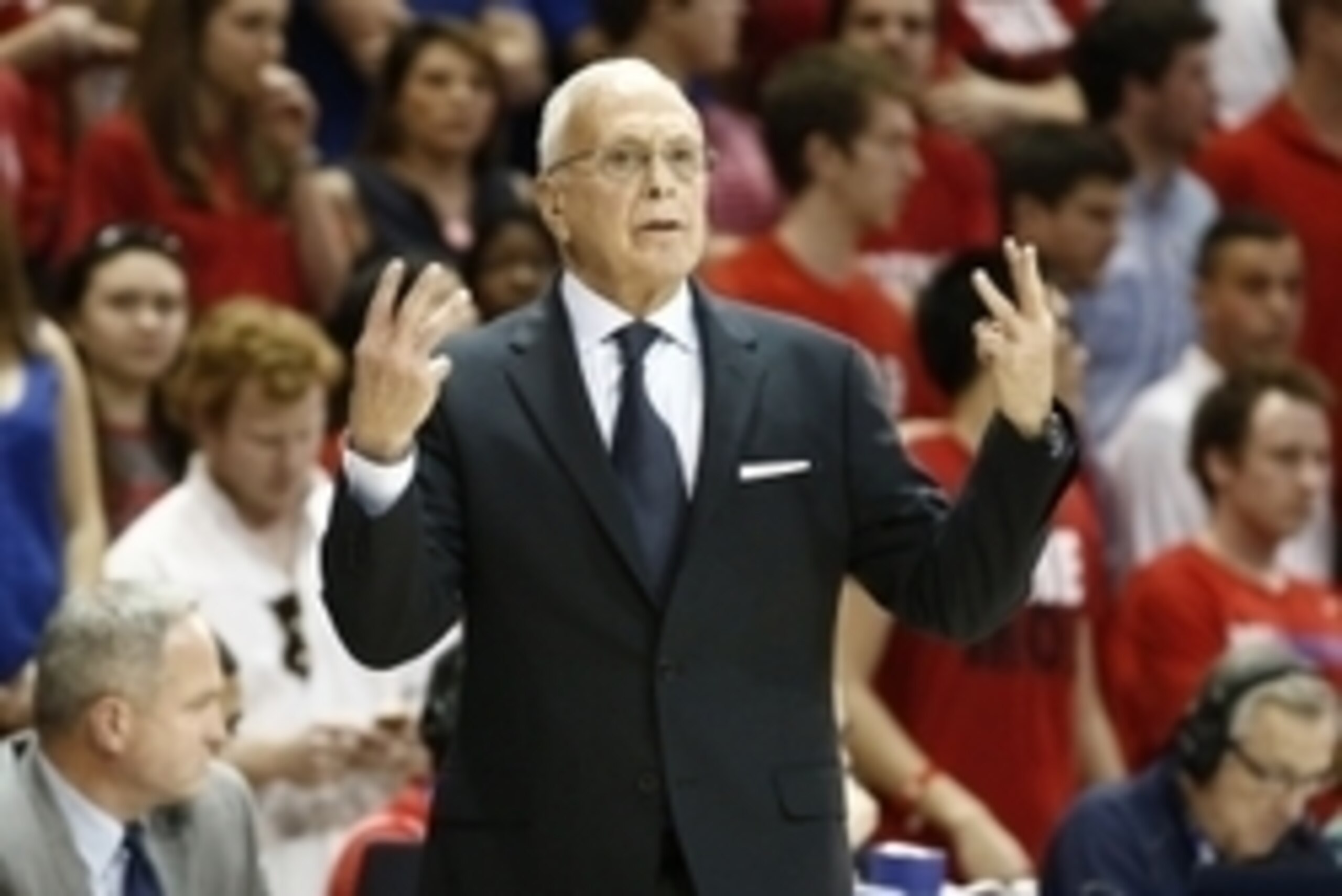 Mar 1, 2014; Dallas, TX, USA; Southern Methodist Mustangs head coach Larry Brown during the first quarter of a mens basketball game against the UCF Knights at Moody Coliseum. Mandatory Credit: Jim Cowsert-USA TODAY Sports
