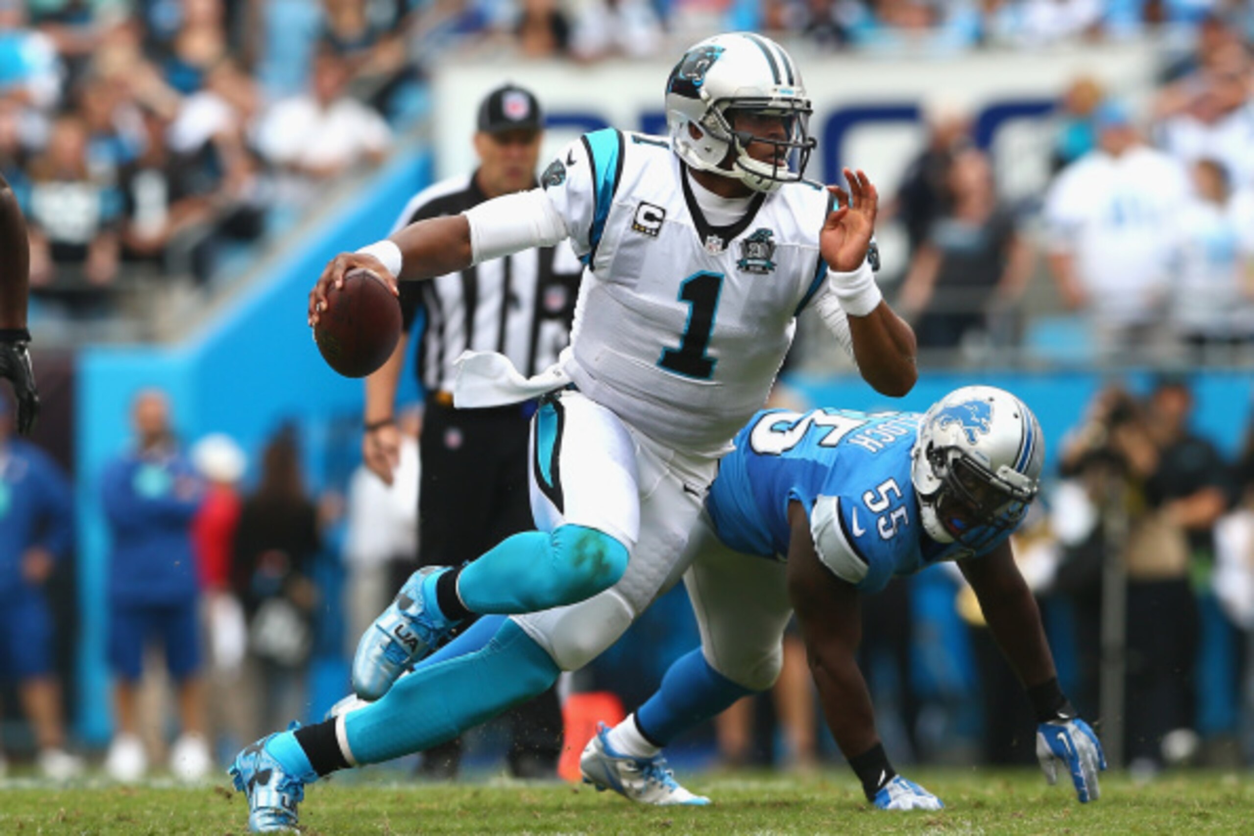 CHARLOTTE, NC - SEPTEMBER 14:  Cam Newton #1 of the Carolina Panthers during the game at Bank of America Stadium on September 14, 2014 in Charlotte, North Carolina.  (Photo by Streeter Lecka/Getty Images)