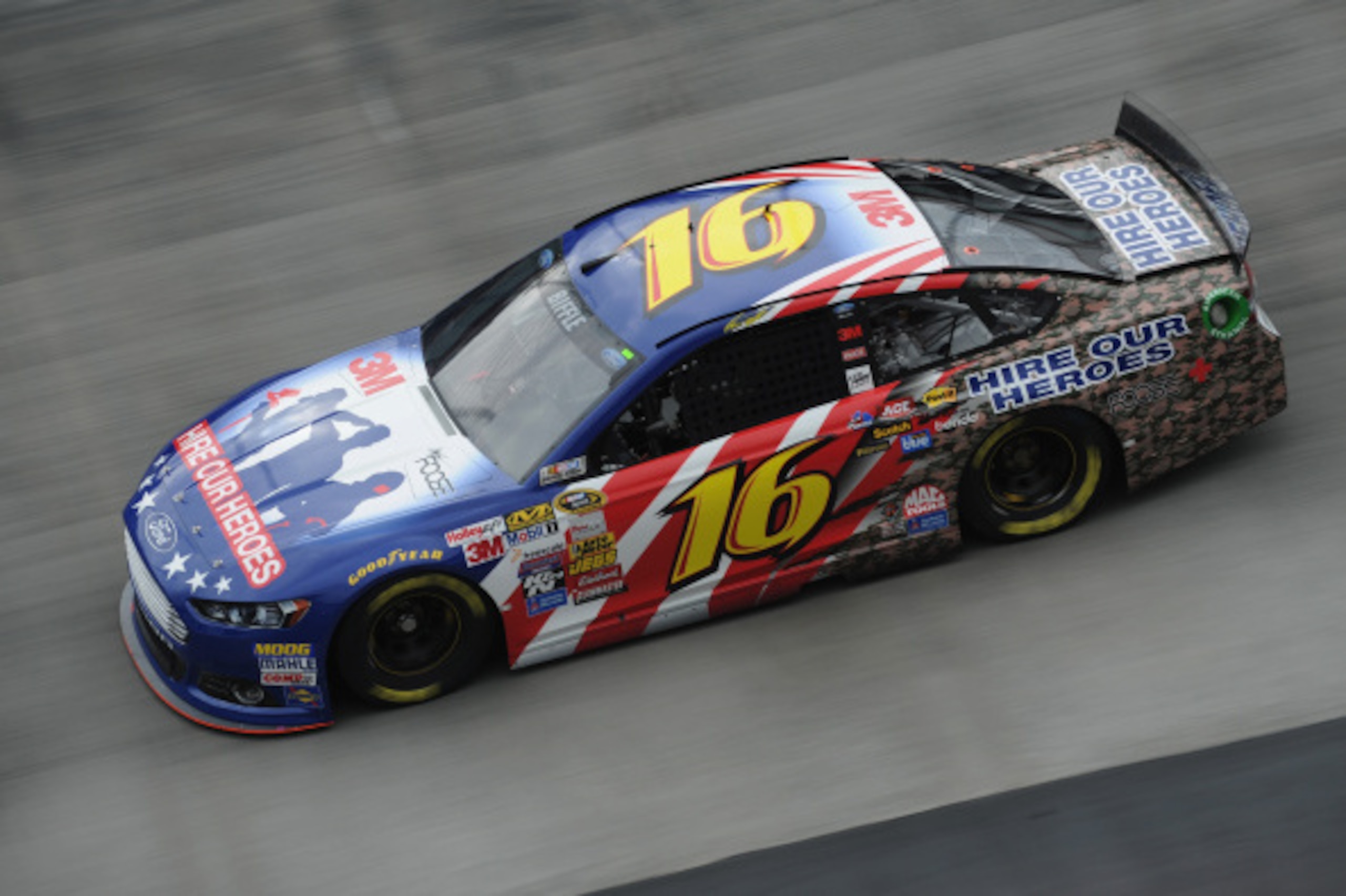 BRISTOL, TN - AUGUST 22: Greg Biffle, driver of the #16 3M Hire Our Heroes Ford, on track during practice for the NASCAR Sprint Cup Series Irwin Tools Night Race at Bristol Motor Speedway on August 22, 2014 in Bristol, Tennessee.  (Photo by Rainier Ehrhar