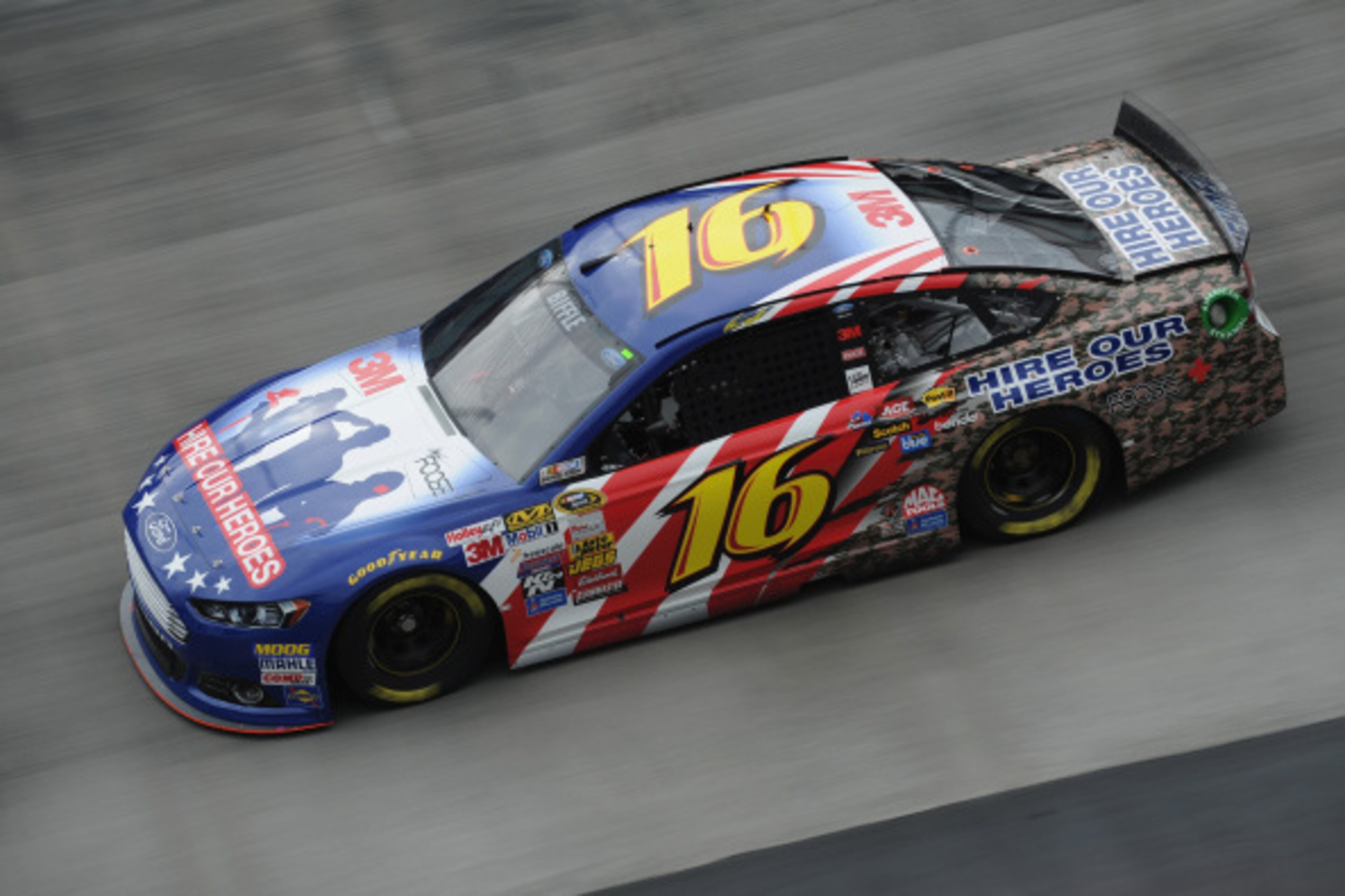 BRISTOL, TN - AUGUST 22: Greg Biffle, driver of the #16 3M Hire Our Heroes Ford, on track during practice for the NASCAR Sprint Cup Series Irwin Tools Night Race at Bristol Motor Speedway on August 22, 2014 in Bristol, Tennessee.  (Photo by Rainier Ehrhar
