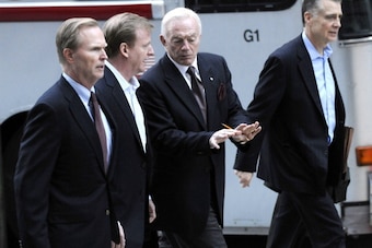 WASHINGTON, DC - MARCH 11:  (L to R) New York Giants owner John Mara, NFL Commissioner Roger Goodell, Dallas Cowboys owner Jerry Jones, and Pittsburgh Steelers president Art Rooney II walk together as they depart after failing to reach an agreement in lab