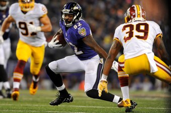 BALTIMORE, MD - AUGUST 23: Wide receiver Torrey Smith #82 of the Baltimore Ravens makes a move during a preseason game against Washington Redskins at M&T Bank Stadium on August 23, 2014 in Baltimore, Maryland.  (Photo by Larry French/Getty Images)