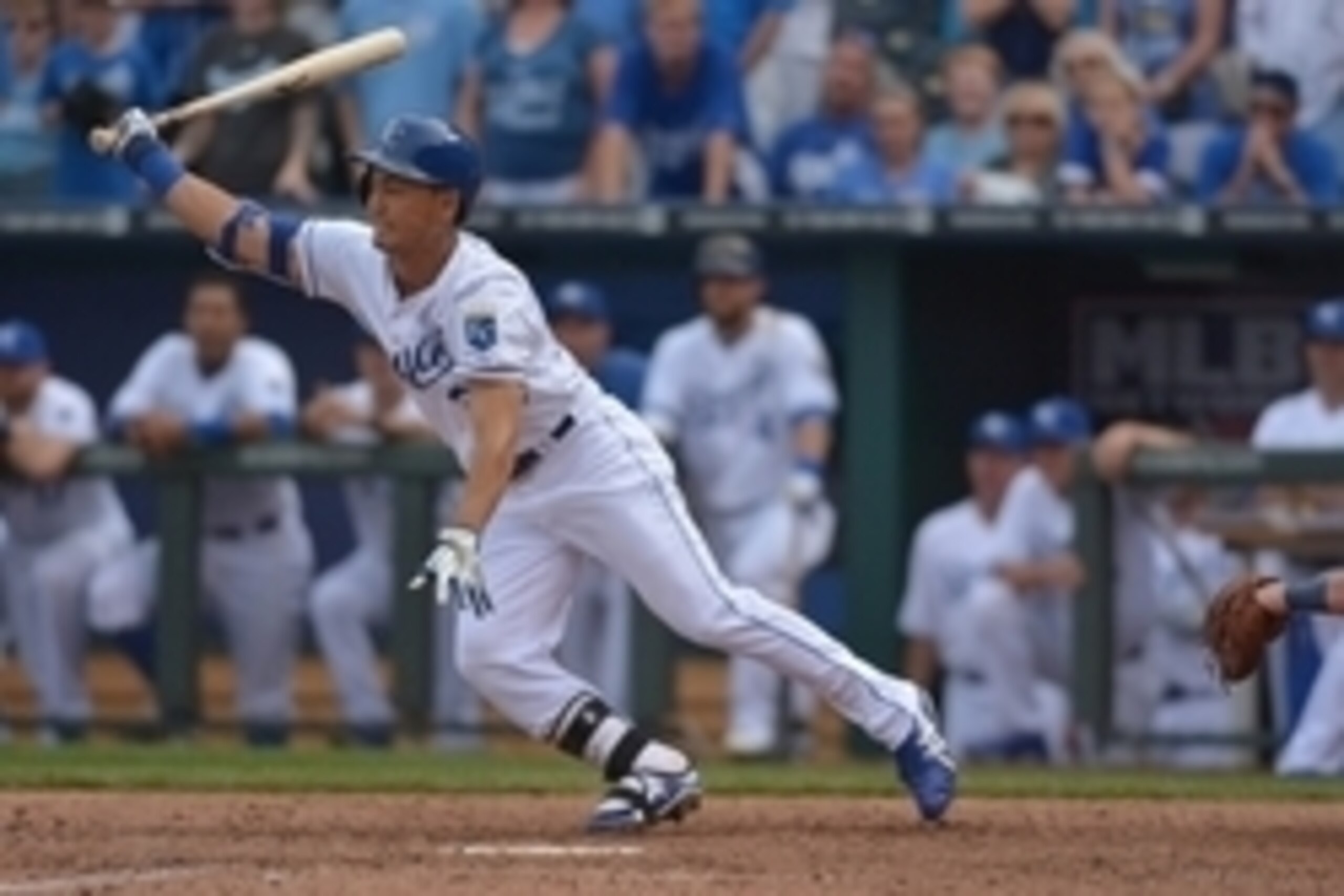Sep 20, 2014; Kansas City, MO, USA; Kansas City Royals right fielder Norichika Aoki (23) grounds out in the ninth inning against the Detroit Tigers at Kauffman Stadium. Detroit won 3-2. Mandatory Credit: Denny Medley-USA TODAY Sports