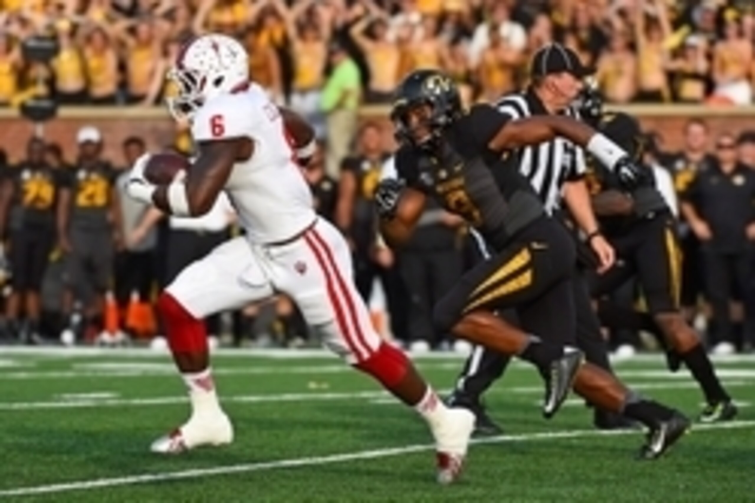 Sep 20, 2014; Columbia, MO, USA; Indiana Hoosiers running back Tevin Coleman (6) runs the ball against the Missouri Tigers during the second half at Faurot Field. The Indiana Hoosiers defeated the Missouri Tigers 31-27. Mandatory Credit: Jasen Vinlove-USA