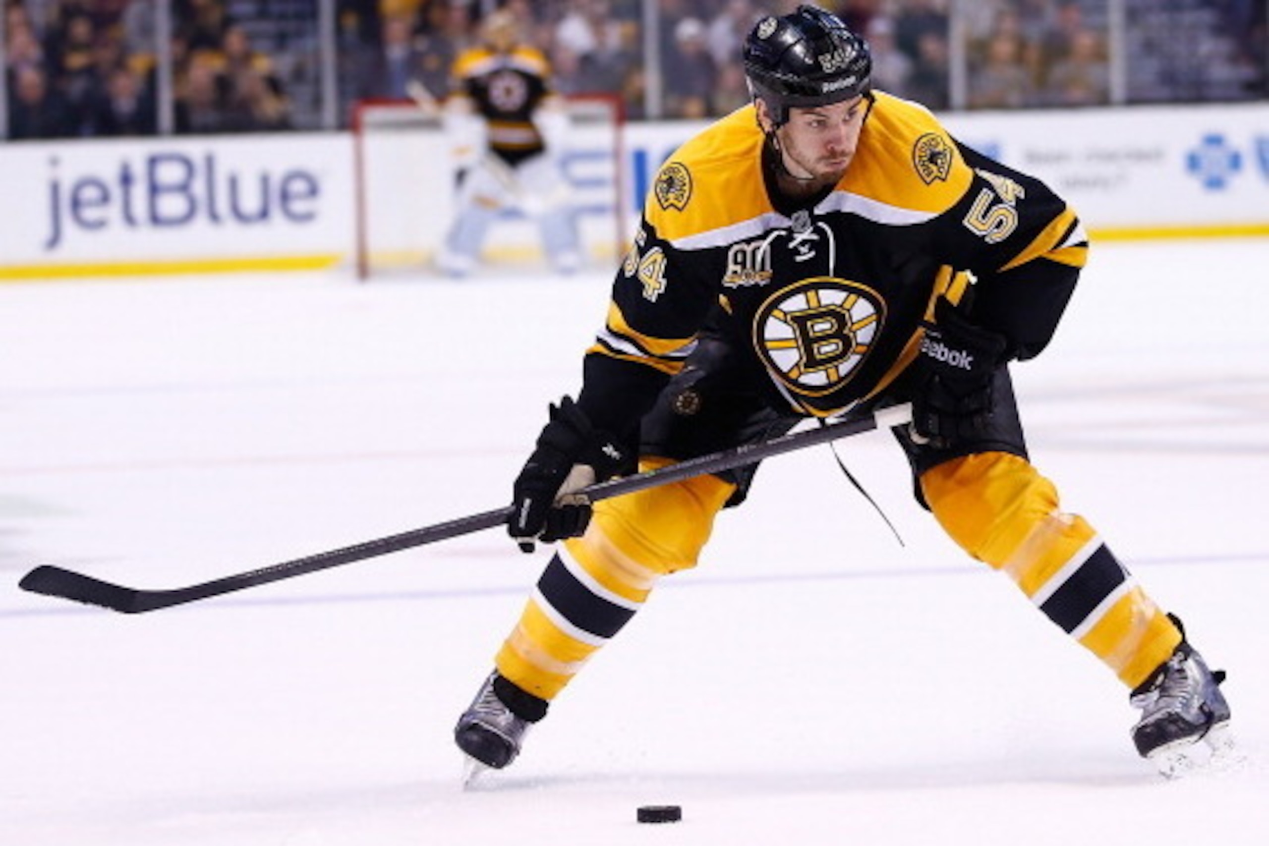 BOSTON, MA - JANUARY 14:  Adam McQuaid #54 of the Boston Bruins plays against the Toronto Maple Leafs during the game at TD Garden on January 14, 2014 in Boston, Massachusetts.  (Photo by Jared Wickerham/Getty Images)