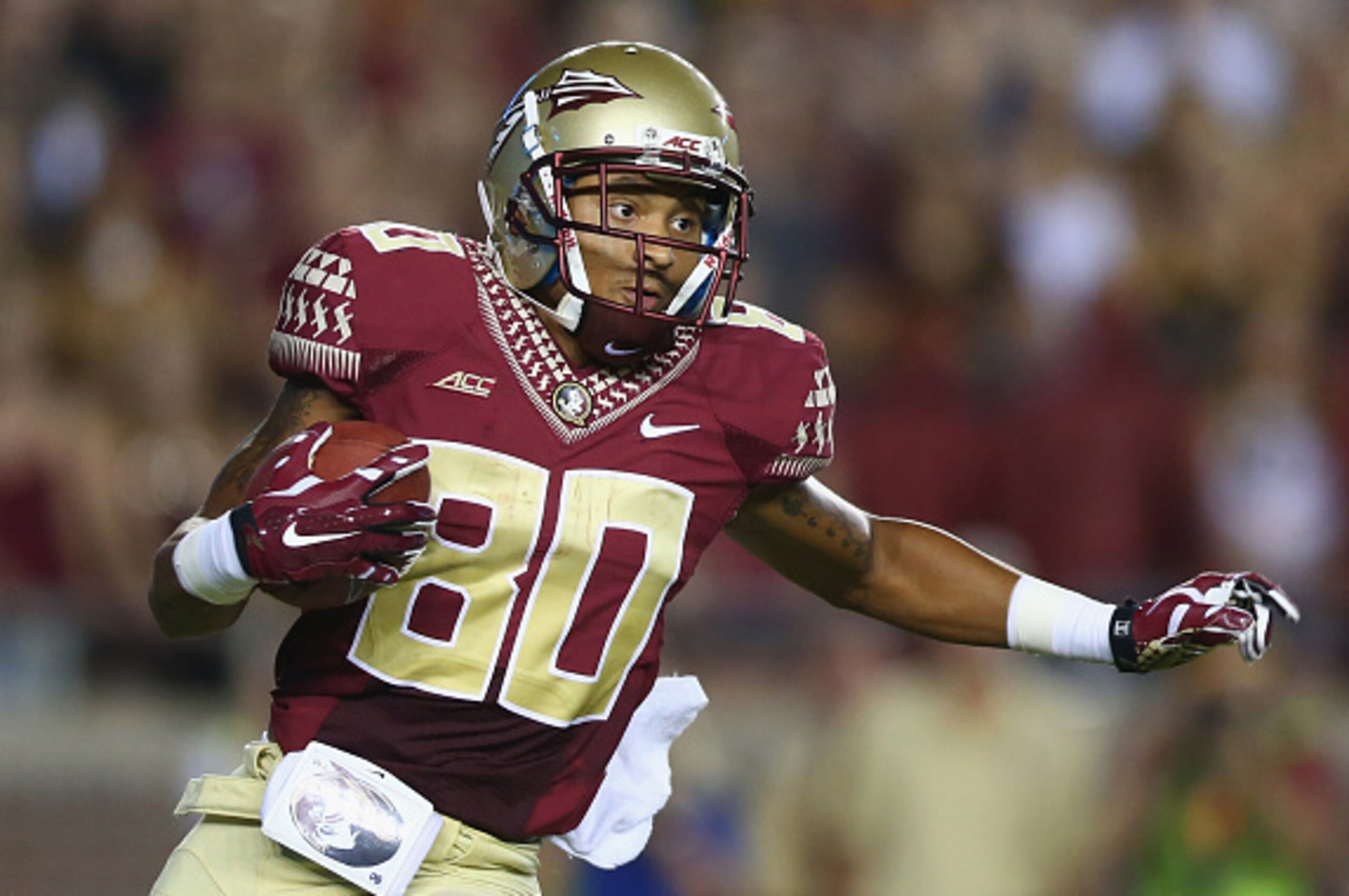 TALLAHASSEE, FL - SEPTEMBER 20: Rashad Greene #80 of the Florida State Seminoles runs the ball against the Clemson Tigers at Doak Campbell Stadium on September 20, 2014 in Tallahassee, Florida. (Photo by Ronald Martinez/Getty Images) TALLAHASSEE, FL - SEPTEMBER 20: Rashad Greene #80 of the Florida State Seminoles runs the ball against the Clemson Tigers at Doak Campbell Stadium on September 20, 2014 in Tallahassee, Florida. (Photo by Ronald Martinez/Getty Images)
