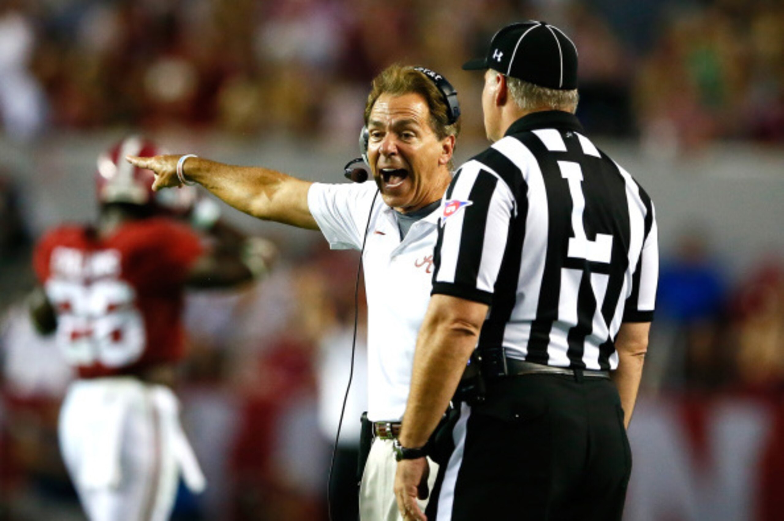 TUSCALOOSA, AL - SEPTEMBER 13: Head coach Nick Saban of the Alabama Crimson Tide yells to line judge Michael Taylor during the game against the Southern Miss Golden Eagles at Bryant-Denny Stadium on September 13, 2014 in Tuscaloosa, Alabama. (Photo by K TUSCALOOSA, AL - SEPTEMBER 13: Head coach Nick Saban of the Alabama Crimson Tide yells to line judge Michael Taylor during the game against the Southern Miss Golden Eagles at Bryant-Denny Stadium on September 13, 2014 in Tuscaloosa, Alabama. (Photo by K