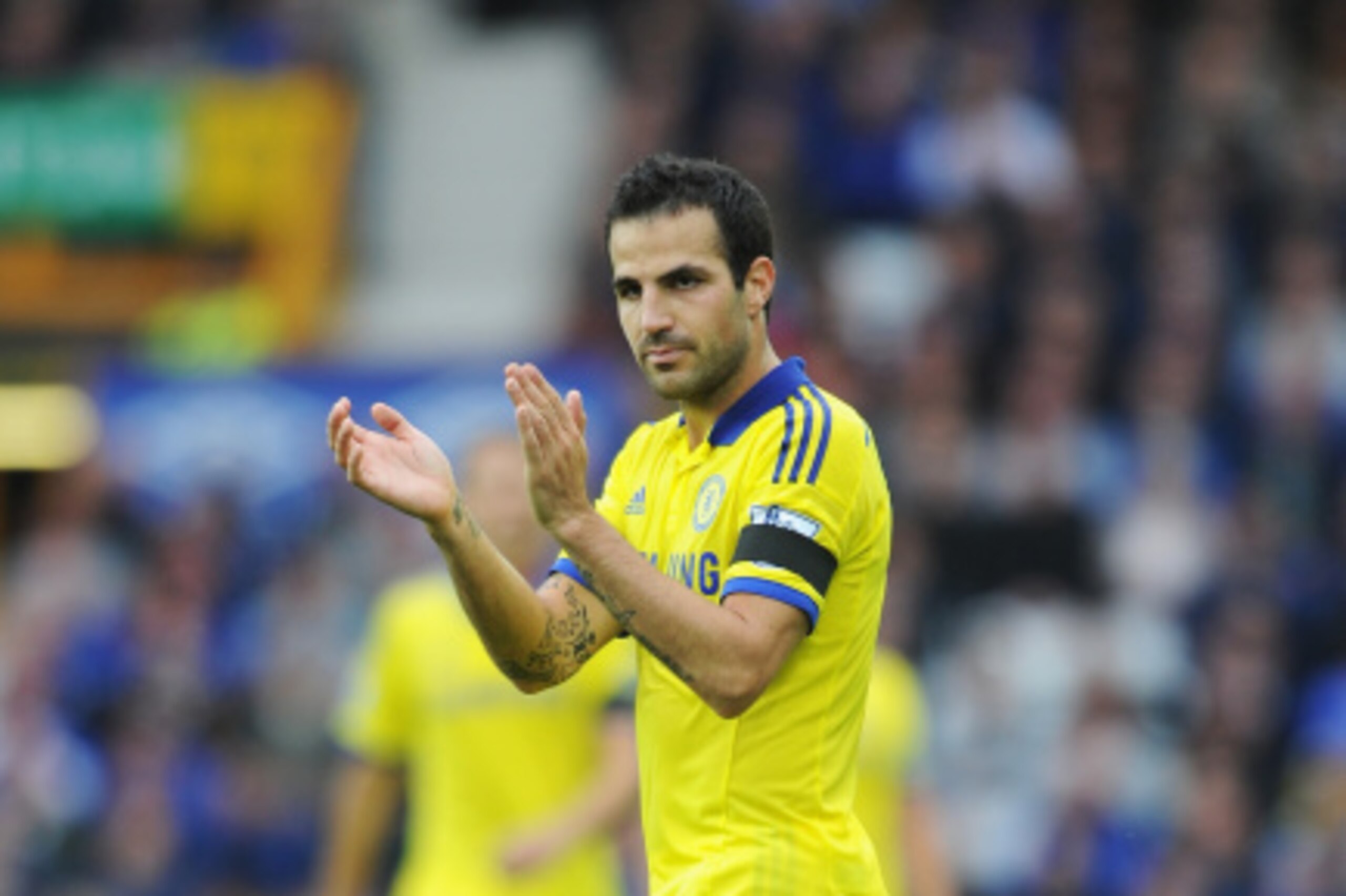 LIVERPOOL, ENGLAND - AUGUST 30: Cesc Fabregas of Chelsea applauds during the Barclays Premier League match between Everton and Chelsea at Goodison Park on August 30, 2014 in Liverpool, England.  (Photo by Chris Brunskill/Getty Images)