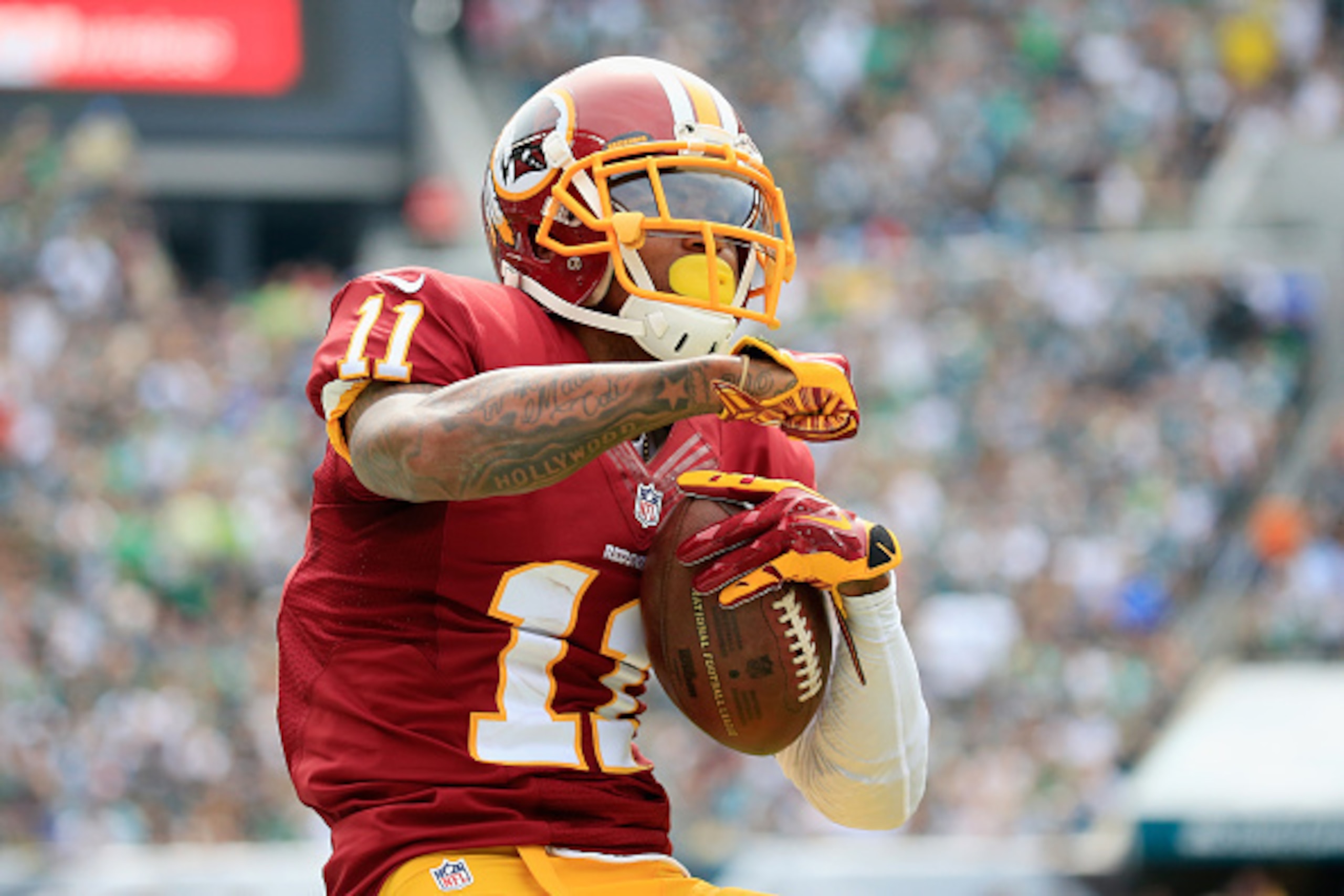 PHILADELPHIA, PA - SEPTEMBER 21:  DeSean Jackson #11 of the Washington Redskins reacts after catching a first-down pass in the first quarter against the Philadelphia Eagles at Lincoln Financial Field on September 21, 2014 in Philadelphia, Pennsylvania.  (