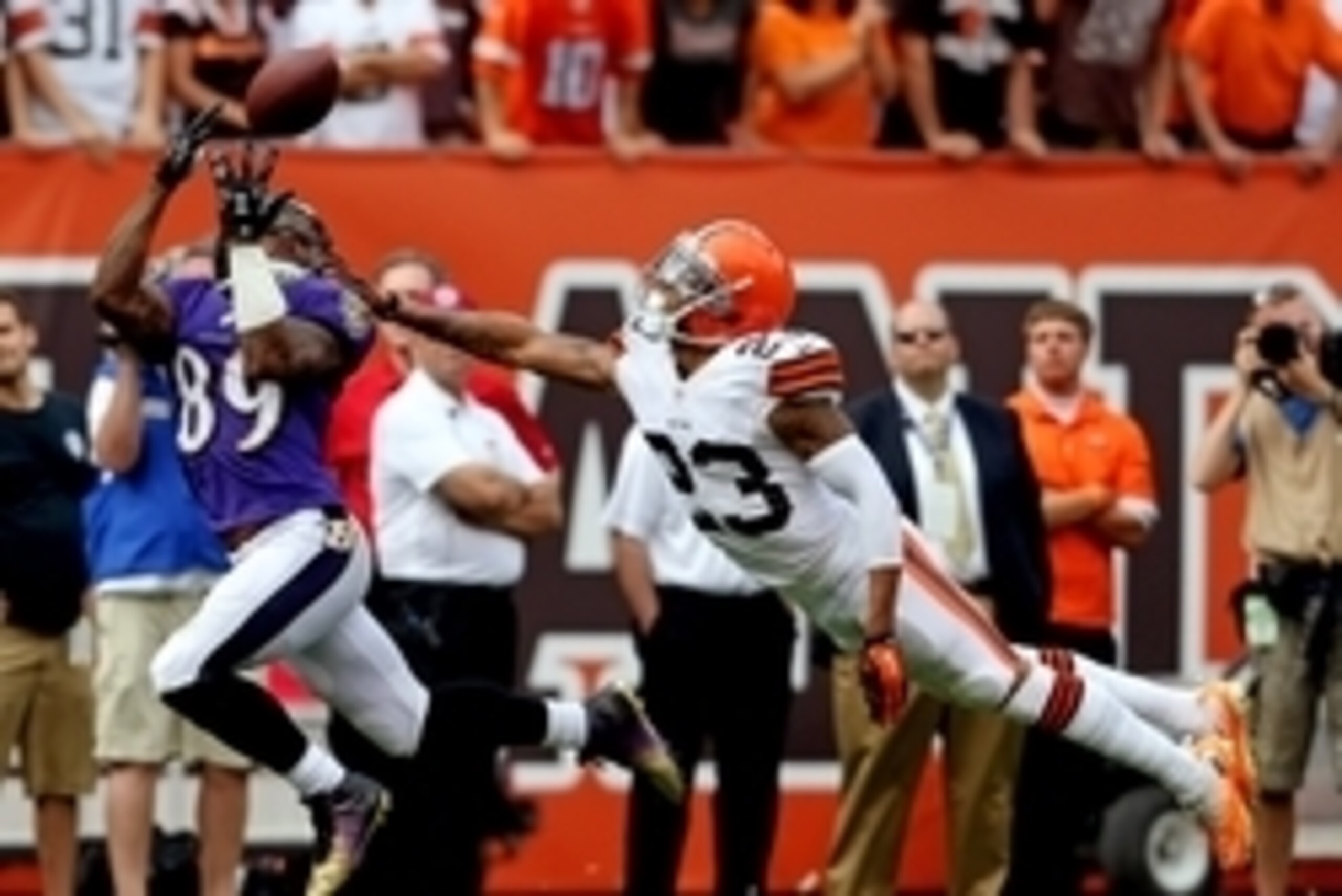 Sep 21, 2014; Cleveland, OH, USA; Baltimore Ravens wide receiver Steve Smith (89) makes a long reception against Cleveland Browns cornerback Joe Haden (23) during the fourth quarter at FirstEnergy Stadium. The Ravens won 23-21. Mandatory Credit: Ron Schwa