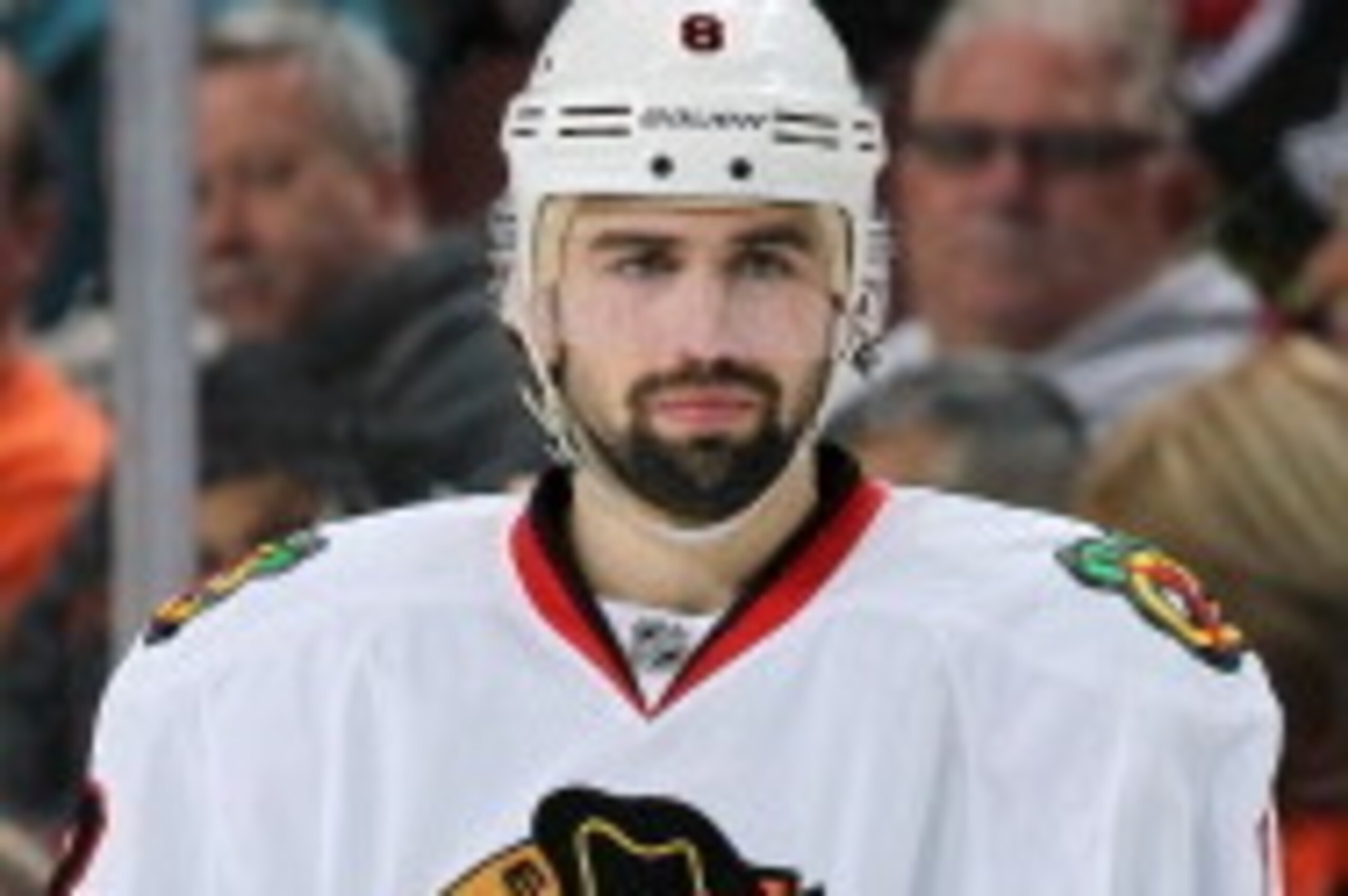 PHILADELPHIA, PA - MARCH 18:  Nick Leddy #8 of the Chicago Blackhawks looks on against the Philadelphia Flyers on March 18, 2014 at the Wells Fargo Center in Philadelphia, Pennsylvania.  (Photo by Len Redkoles/NHLI via Getty Images)