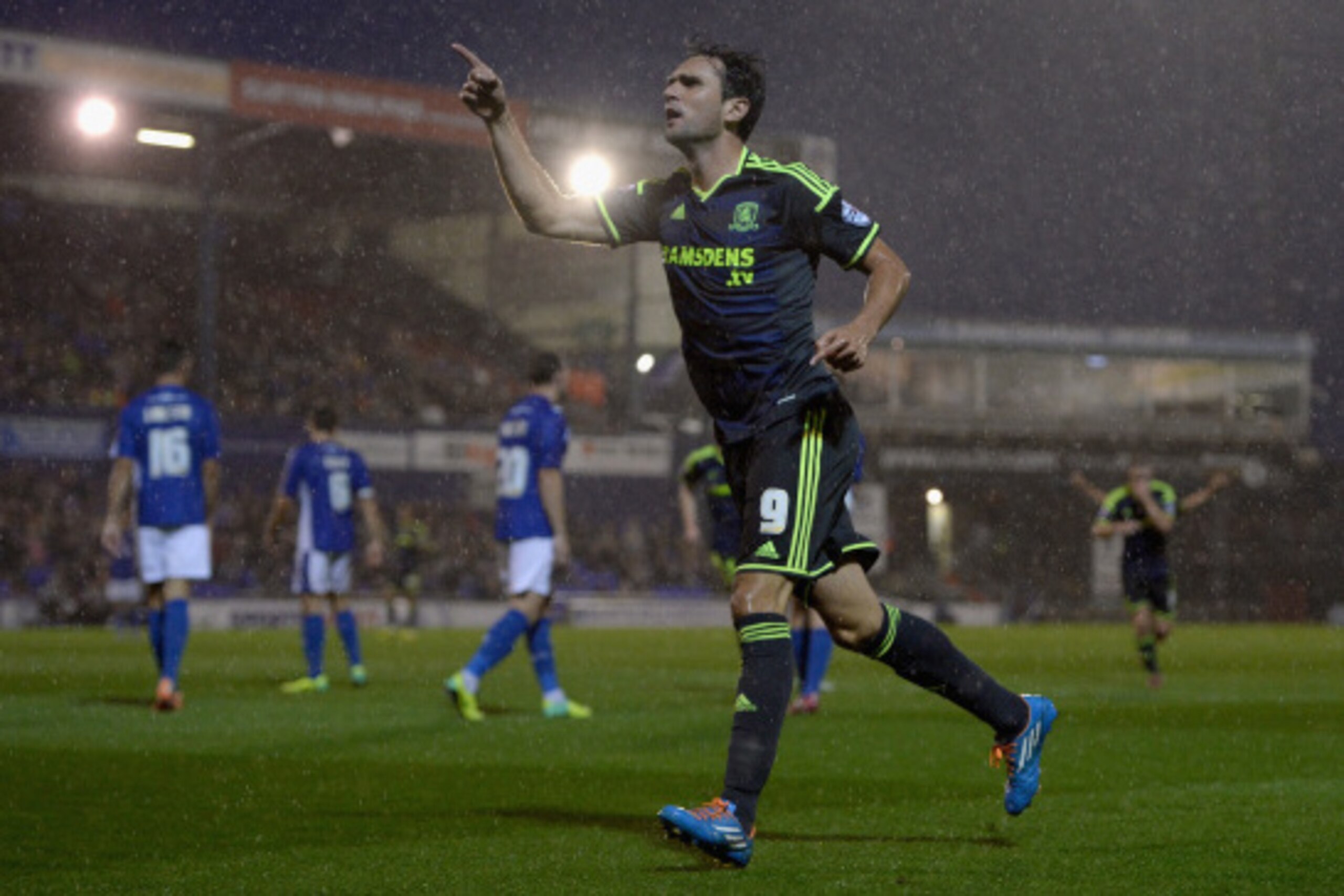 OLDHAM, ENGLAND - AUGUST 12:  Kike of Middlesbrough celebrates scoring his team's 3rd goal during the Capital One Cup First Round match between Oldham Athletic and Middlesbrough at Boundary Park on August 12, 2014 in Oldham, England.  (Photo by Gareth Cop