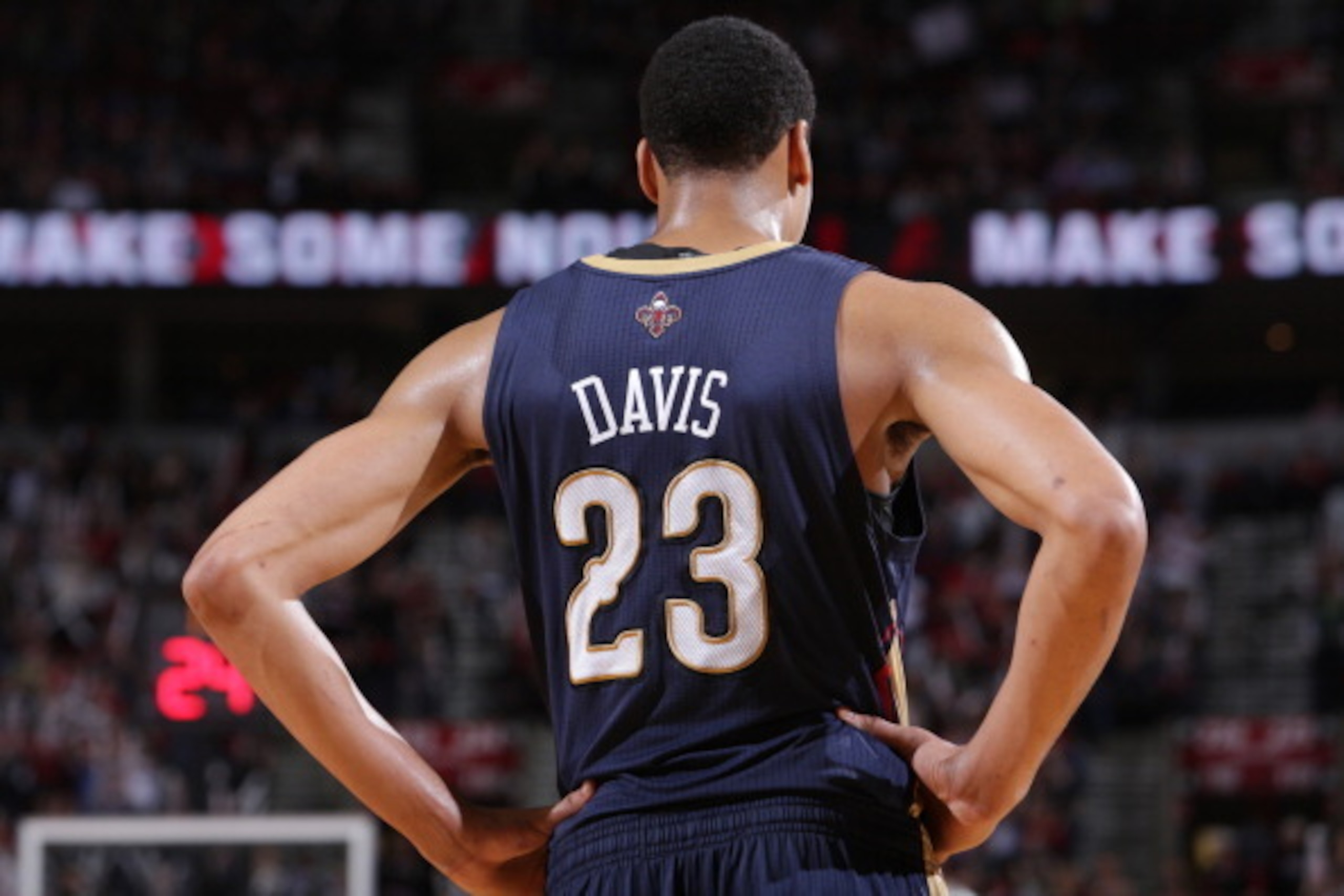 PORTLAND, OR - APRIL 6:  A close up shot of Anthony Davis #23 of the New Orleans Pelicans during the game against the Portland Trail Blazers on April 6, 2014 at the Moda Center Arena in Portland, Oregon. NOTE TO USER: User expressly acknowledges and agree