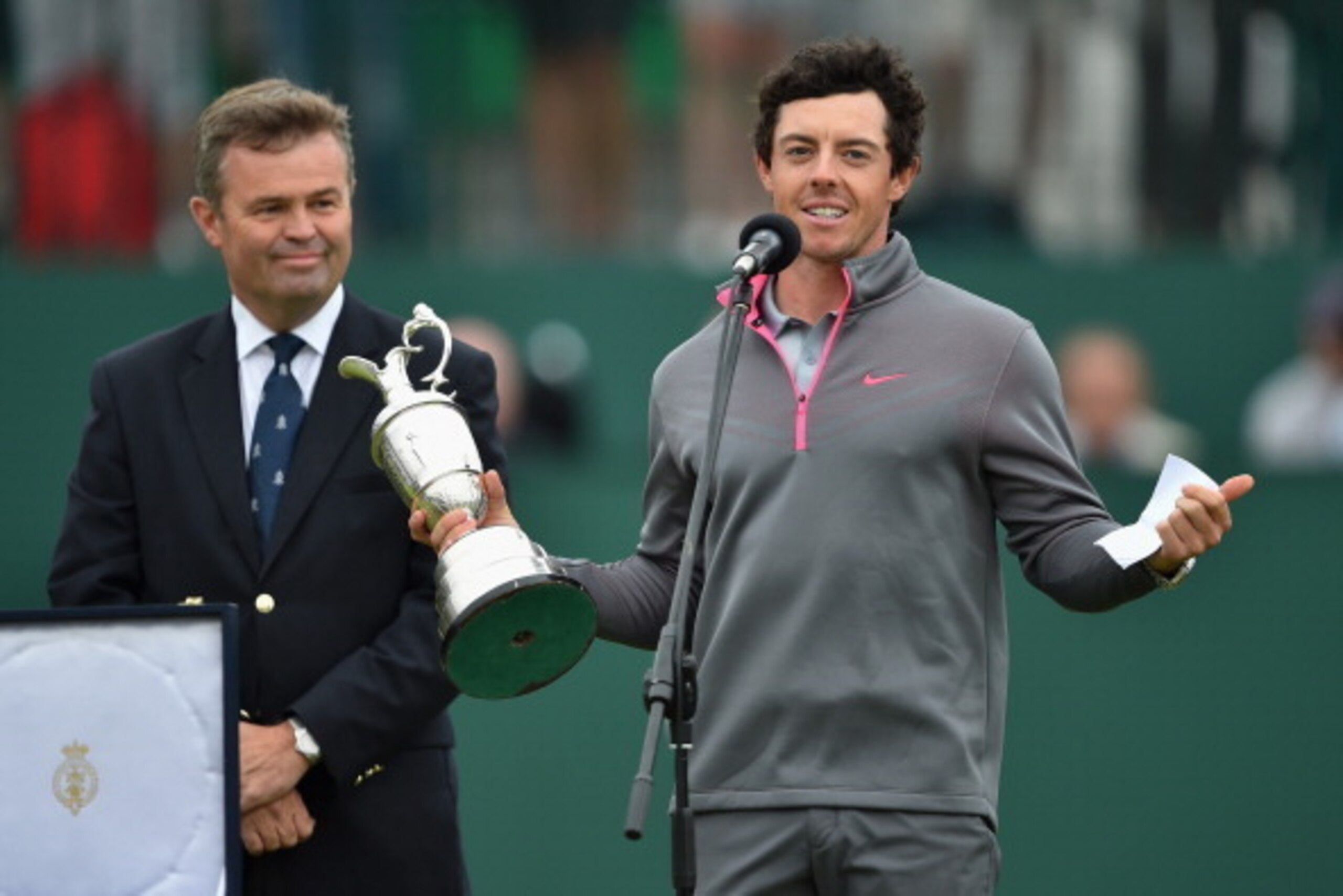 HOYLAKE, ENGLAND - JULY 20:  Rory McIlroy of Northern Ireland makes a speech on the 18th green after his two-stroke victory at The 143rd Open Championship at Royal Liverpool on July 20, 2014 in Hoylake, England.  (Photo by Stuart Franklin/Getty Images)
