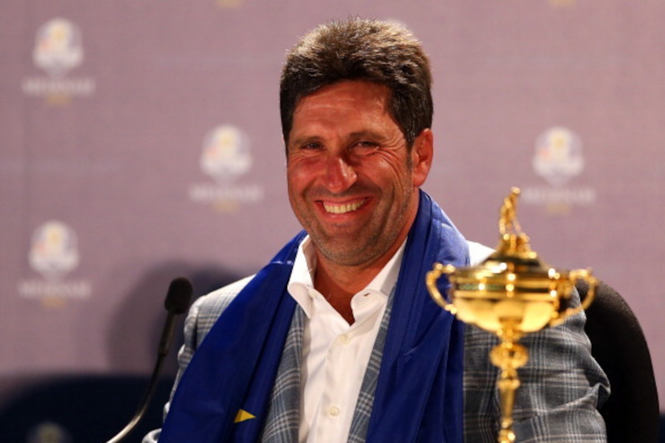 MEDINAH, IL - SEPTEMBER 30:  European team captain Jose Maria Olazabal speaks with the media after Europe defeated the USA 14.5 to 13.5 to retain the Ryder Cup during the Singles Matches for The 39th Ryder Cup at Medinah Country Club on September 30, 2012