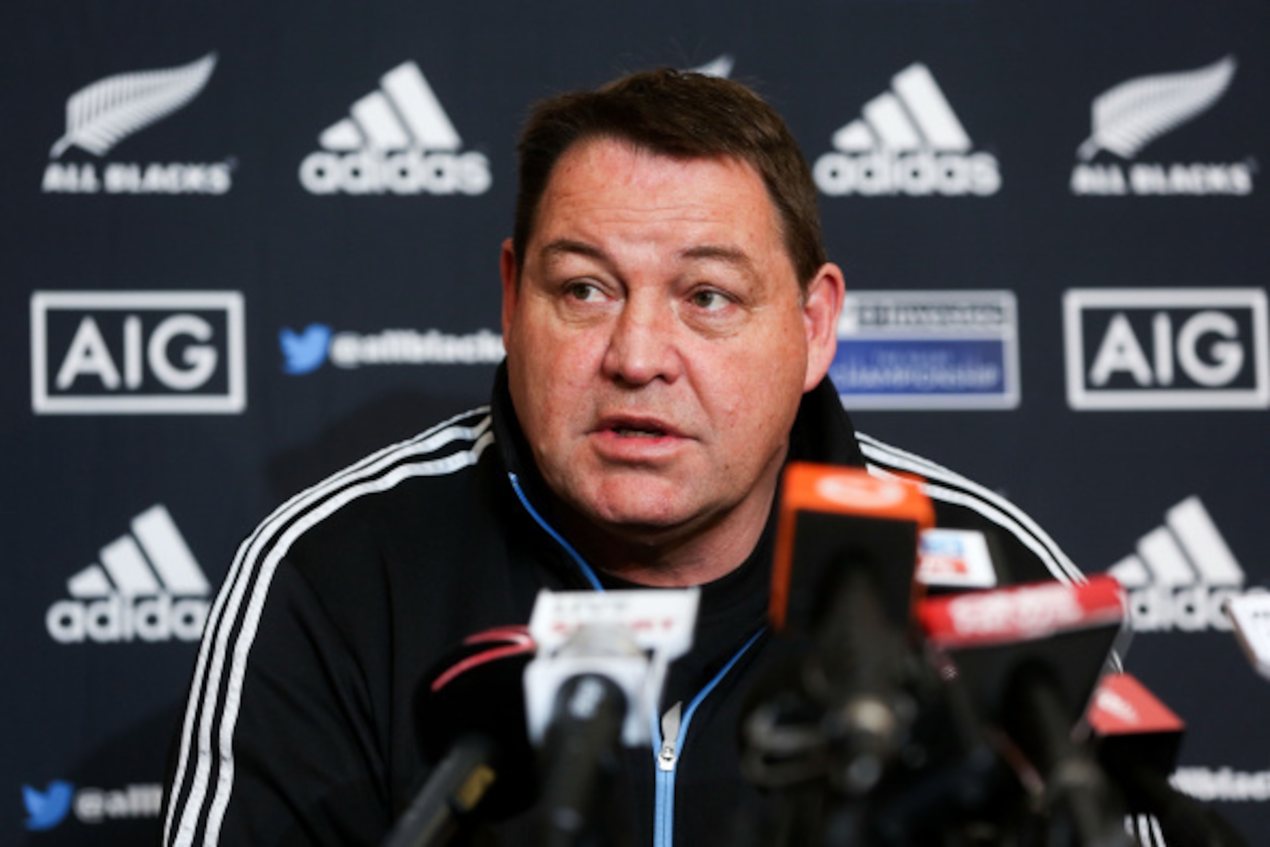 WELLINGTON, NEW ZEALAND - SEPTEMBER 11:  Coach Steve Hansen speaks to media during a New Zealand All Blacks media session on September 11, 2014 in Wellington, New Zealand.  (Photo by Hagen Hopkins/Getty Images)