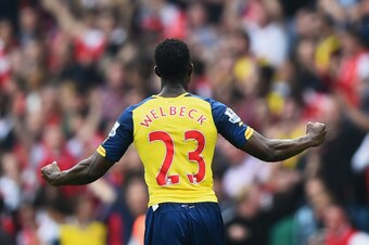 BIRMINGHAM, ENGLAND - SEPTEMBER 20:  Danny Welbeck of Arsenal celebrates his team's second goal during the Barclays Premier League match between Aston Villa and Arsenal at Villa Park on September 20, 2014 in Birmingham, England.  (Photo by Laurence Griffi