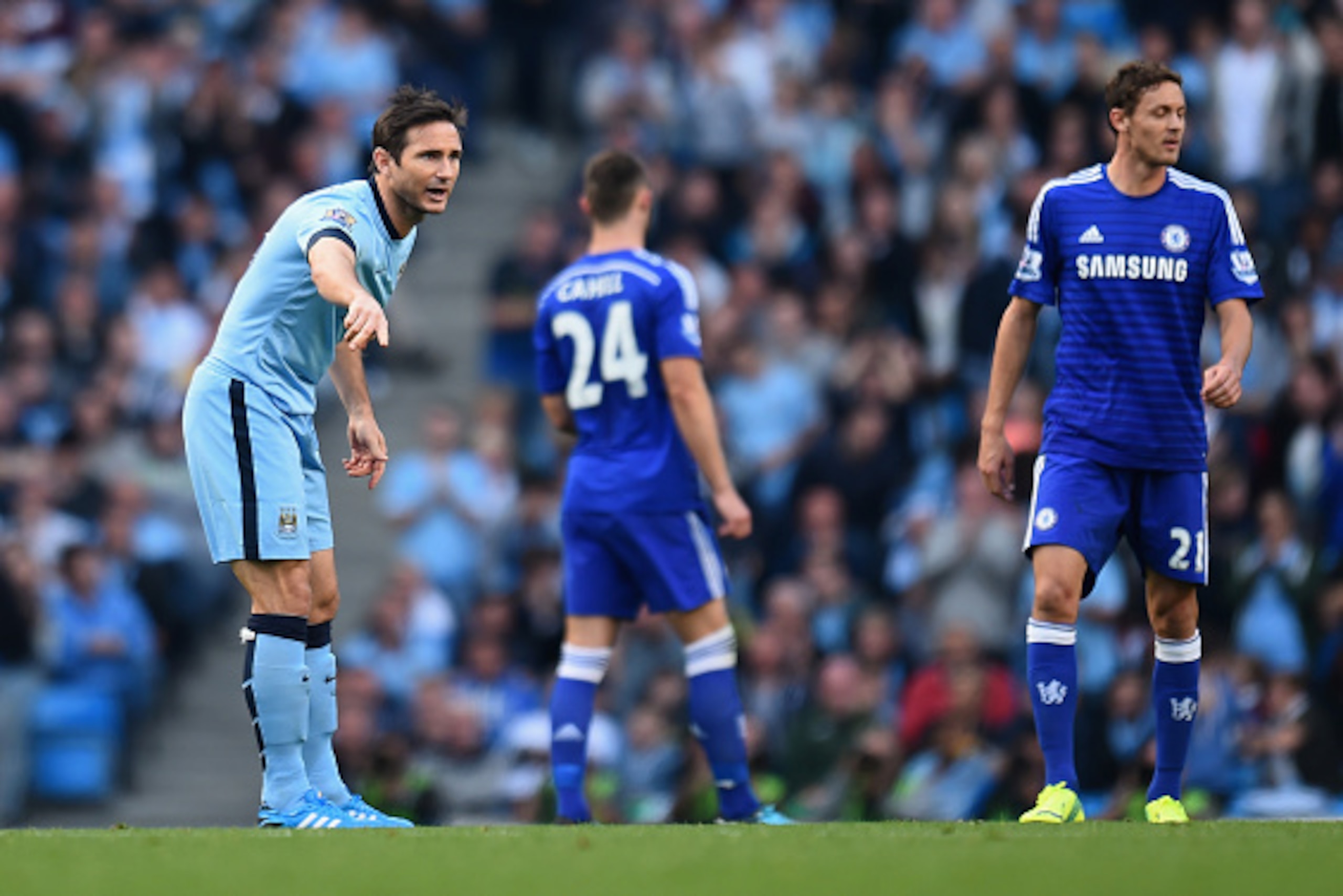 MANCHESTER, ENGLAND - SEPTEMBER 21:  Frank Lampard of Manchester City gestures after coming on as a substitute during the Barclays Premier League match between Manchester City and Chelsea at the Etihad Stadium on September 21, 2014 in Manchester, England.