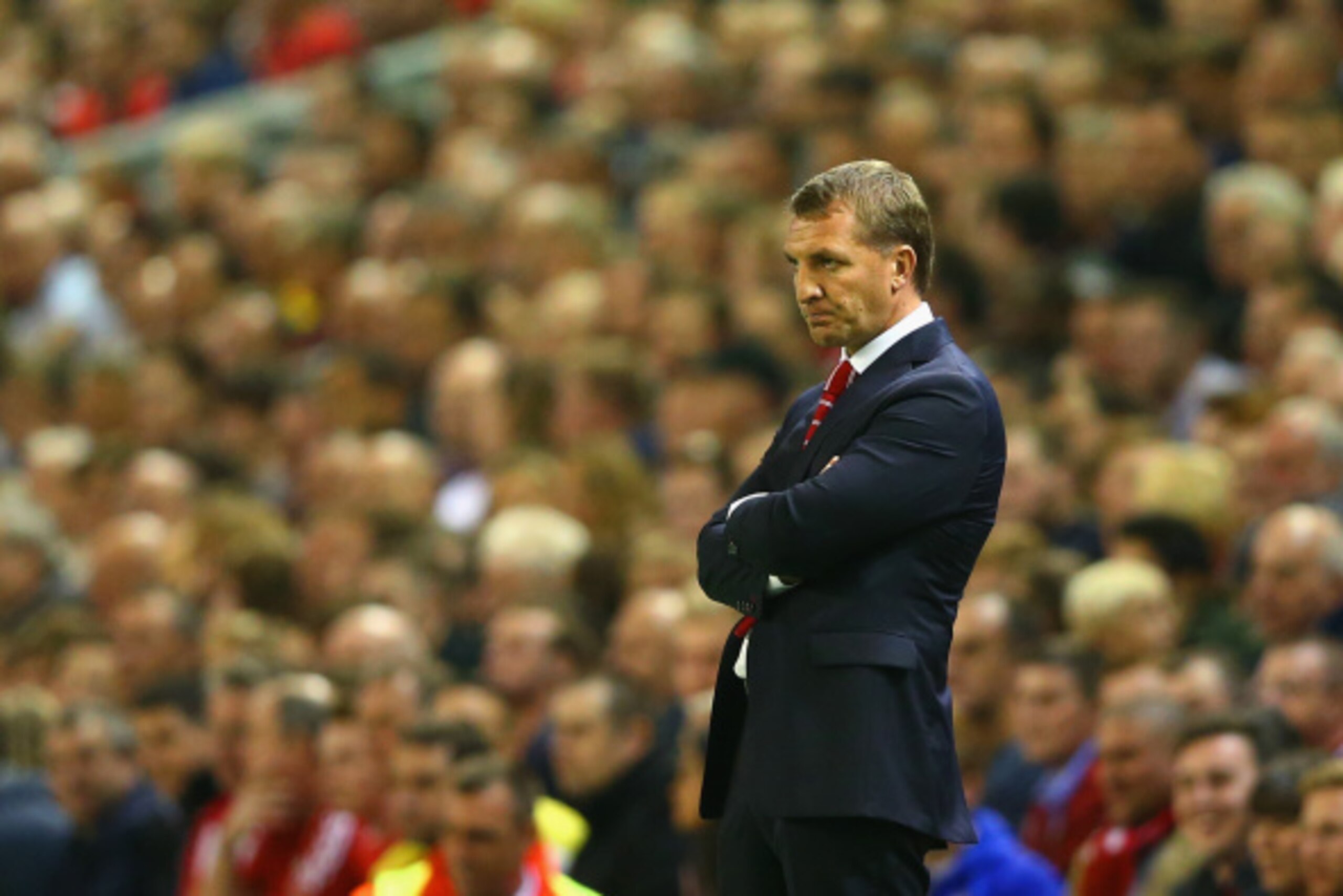 LIVERPOOL, ENGLAND - SEPTEMBER 16:  Brendan Rodgers, manager of Liverpool looks on during the UEFA Champions League Group B match between Liverpool FC and PFC Ludogorets Razgrad at Anfield on September 16, 2014 in Liverpool, United Kingdom.  (Photo by Cli