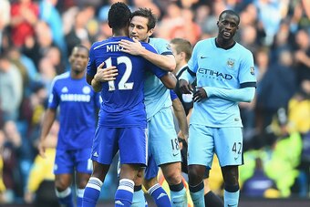 MANCHESTER, ENGLAND - SEPTEMBER 21:  Frank Lampard of Manchester City is congratulated by John Obi Mikel of Chelsea after the Barclays Premier League match between Manchester City and Chelsea at Etihad Stadium on September 21, 2014 in Manchester, England.