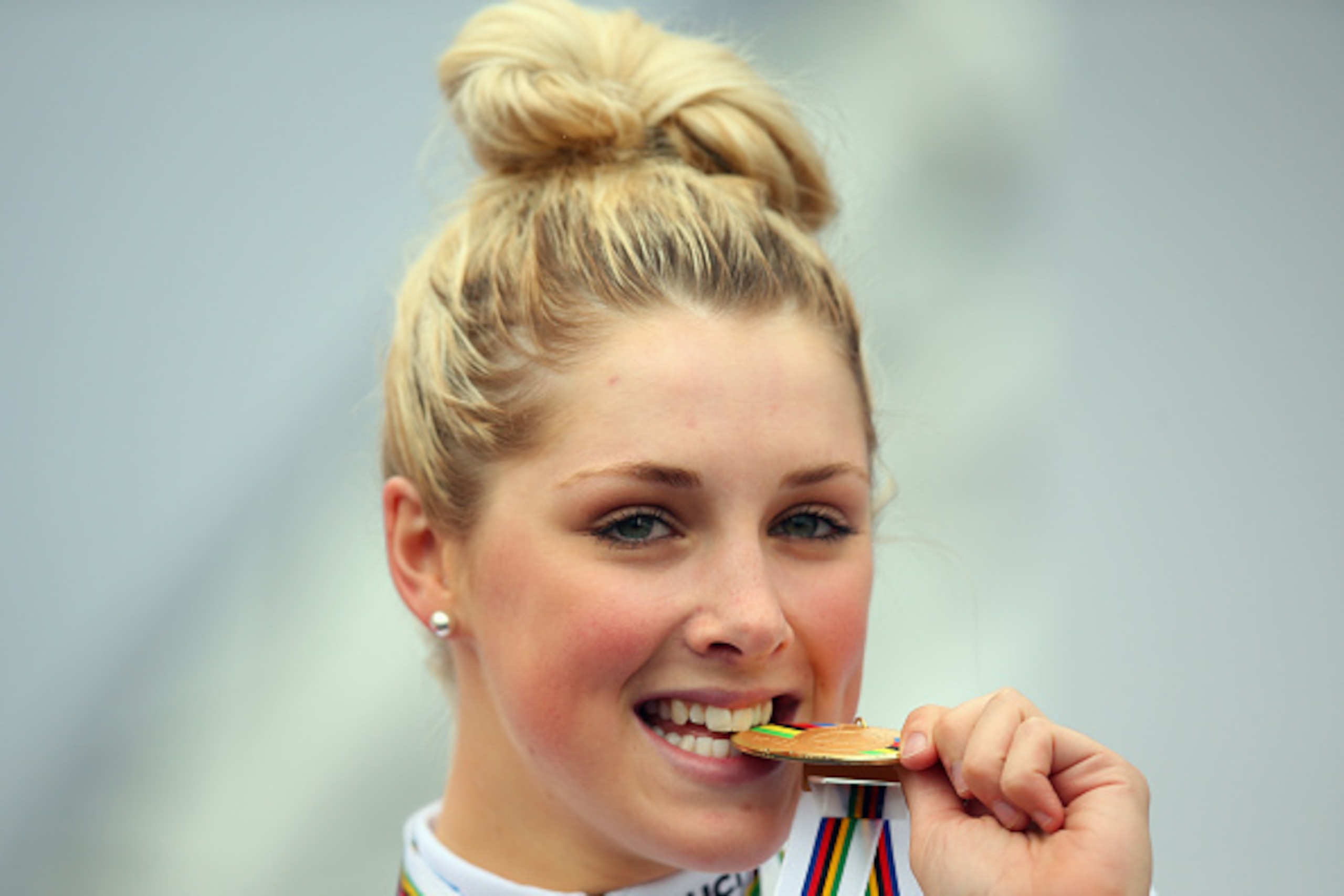 PONFERRADA, SPAIN - SEPTEMBER 22:  Macey Stewart of Australia poses with her gold medal after winning the Junior Women's Individual Time Trial on day two of the UCI Road World Championships on September 22, 2014 in Ponferrada, Spain.  (Photo by Bryn Lenno