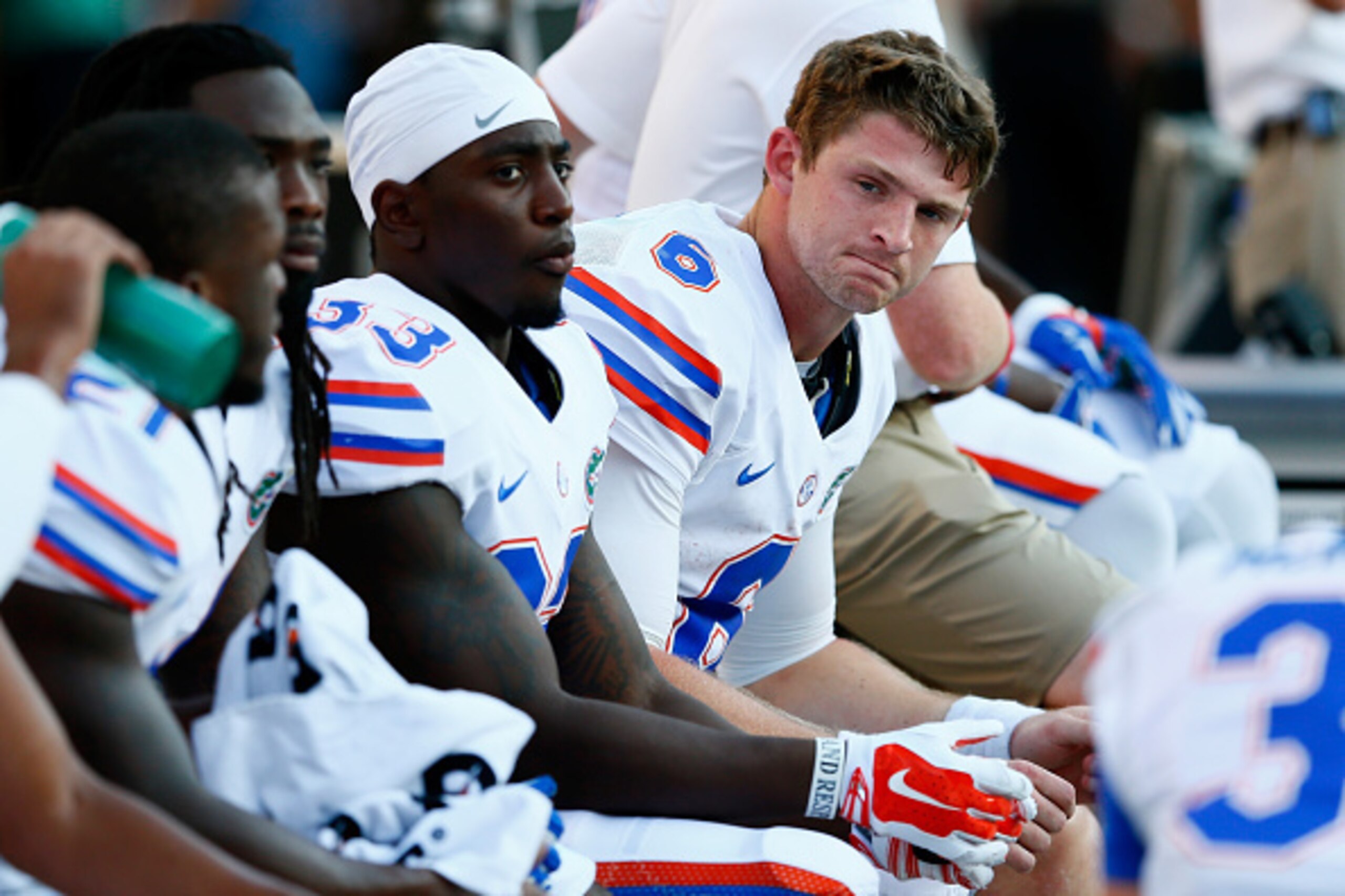 TUSCALOOSA, AL - SEPTEMBER 20:  Jeff Driskel #6 of the Florida Gators reacts on the bench after throwing an interception to the Alabama Crimson Tide at Bryant-Denny Stadium on September 20, 2014 in Tuscaloosa, Alabama.  (Photo by Kevin C. Cox/Getty Images