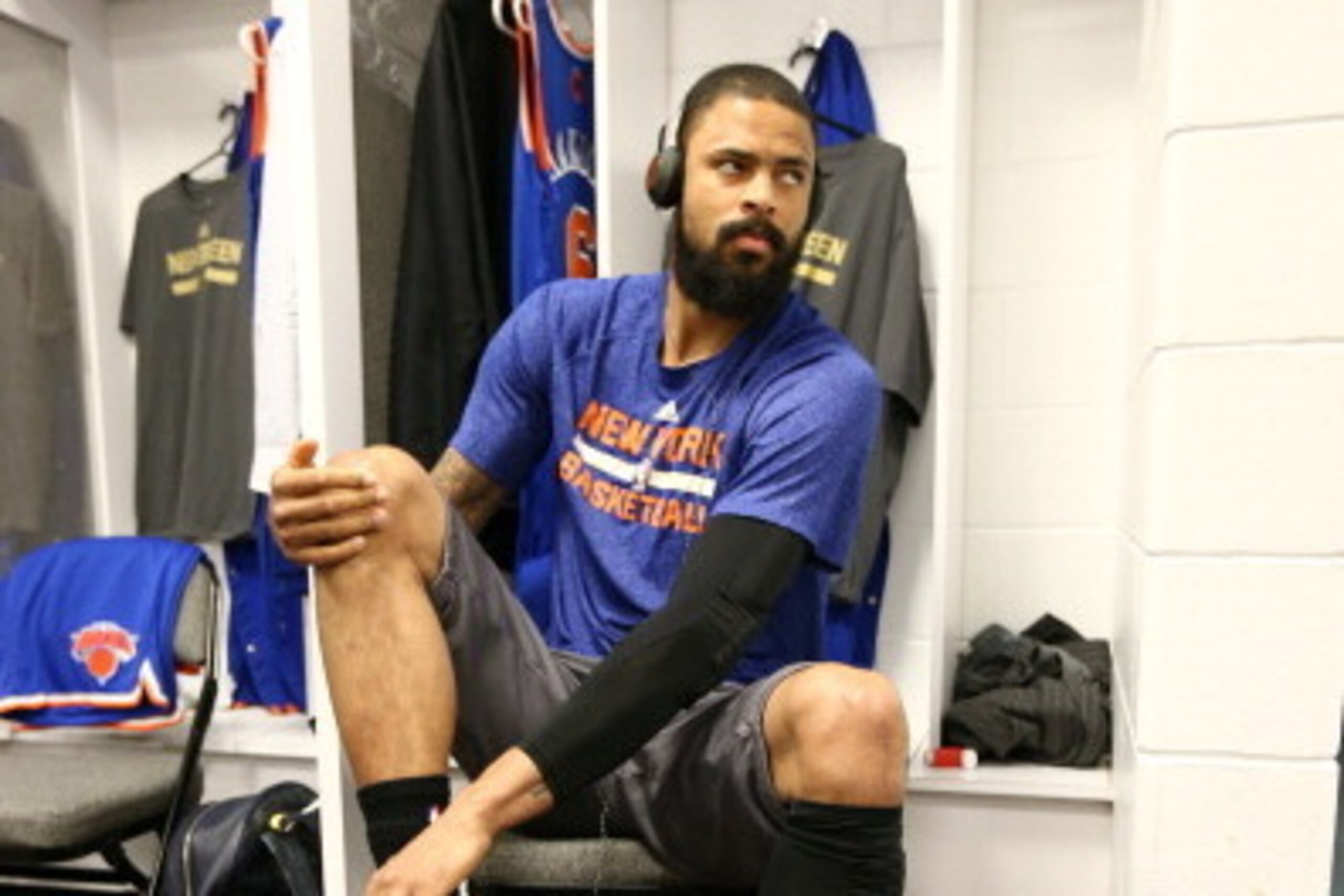 MIAMI, FL - APRIL 6: Tyson Chandler #6 of the New York Knicks prepares before the game against the Miami Heat on April 6, 2014 at American Airlines Arena in Miami. NOTE TO USER: User expressly acknowledges and agrees that, by downloading and or using this