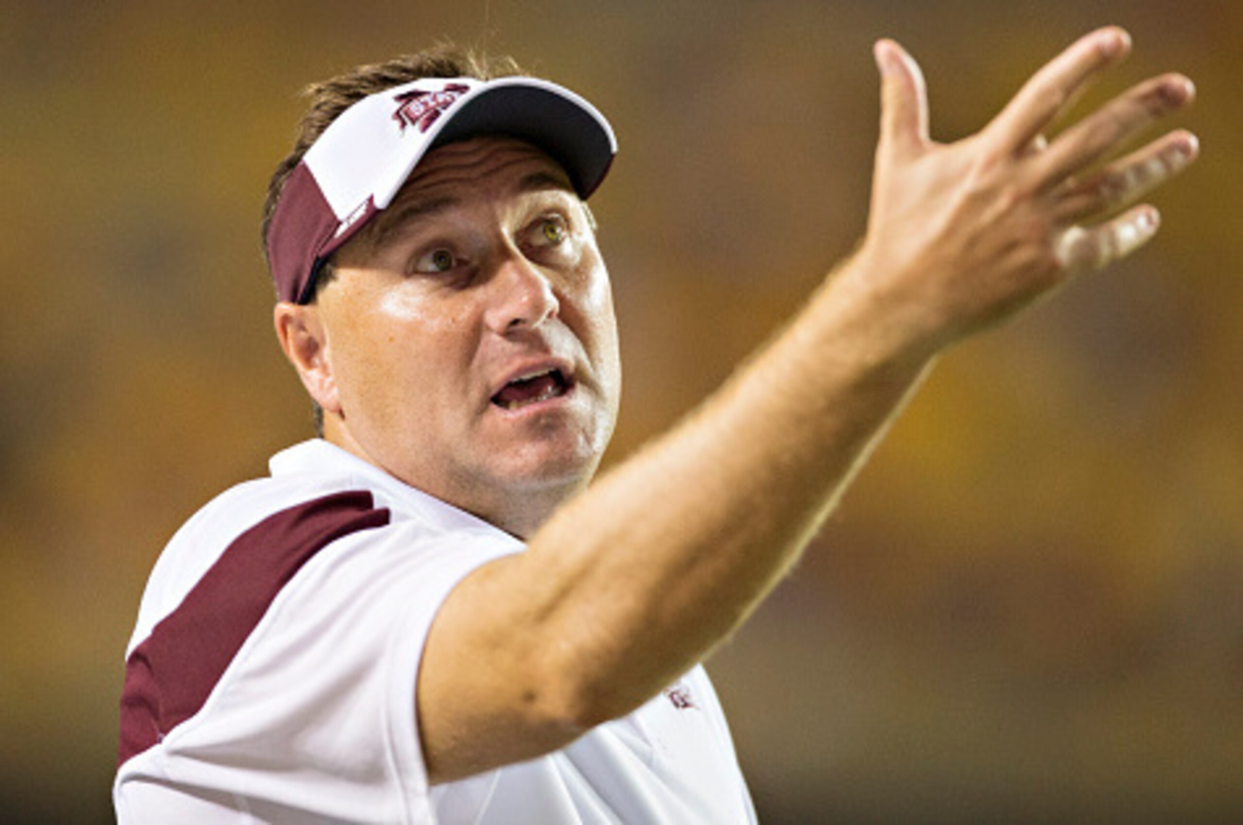 BATON ROUGE, LA - SEPTEMBER 20: Head Coach Dan Mullen of the Mississippi State Bulldogs on the sidelines during a game against the LSU Tigers at Tiger Stadium on September 20, 2014 in Baton Rouge, Louisiana.  The Bulldogs defeated the Tigers 34-29.  (Phot
