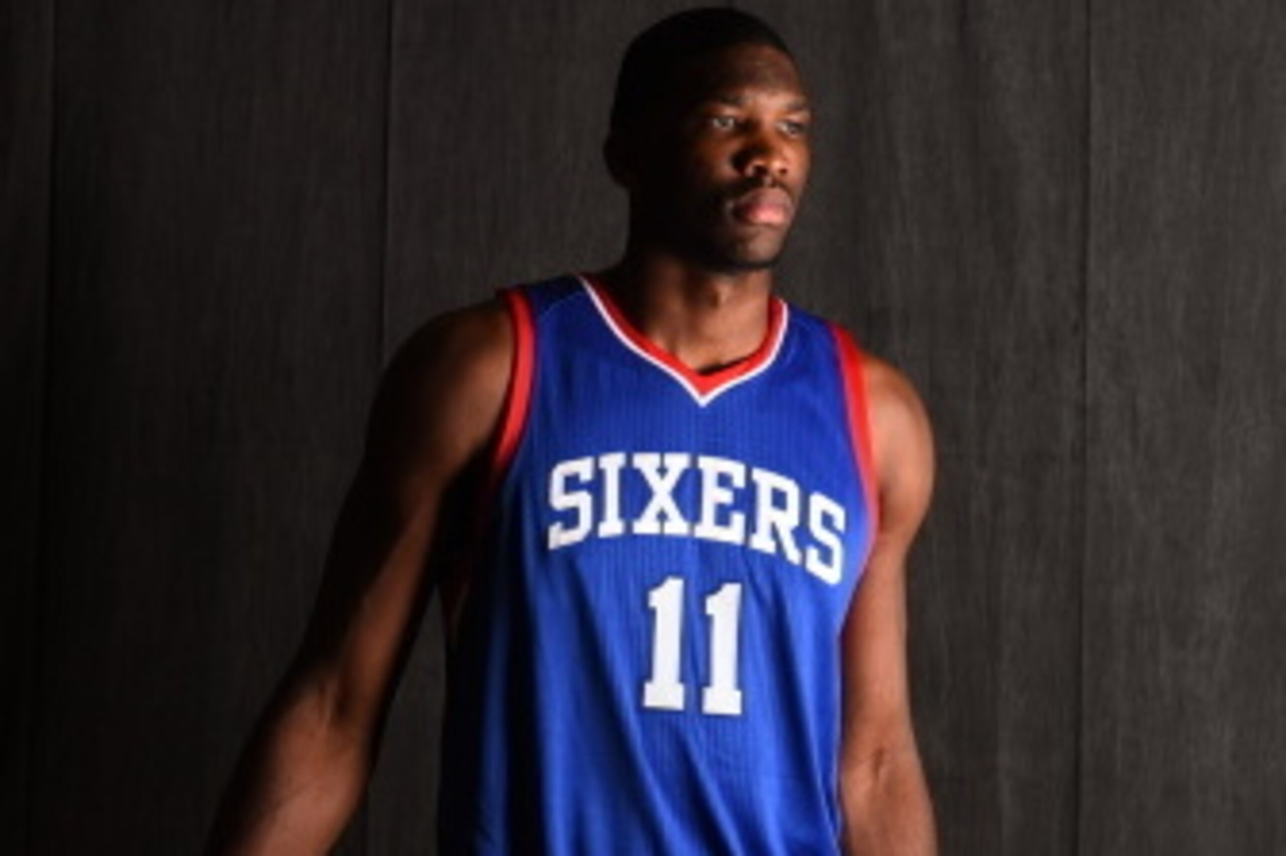 TARRYTOWN, NY - AUGUST 3:  Joel Embiid #11 of the Philadelphia 76ers poses for a portrait during the 2014 NBA rookie photo shoot on August 3, 2014 at the Madison Square Garden Training Facility in Tarrytown, New York. NOTE TO USER: User expressly acknowle