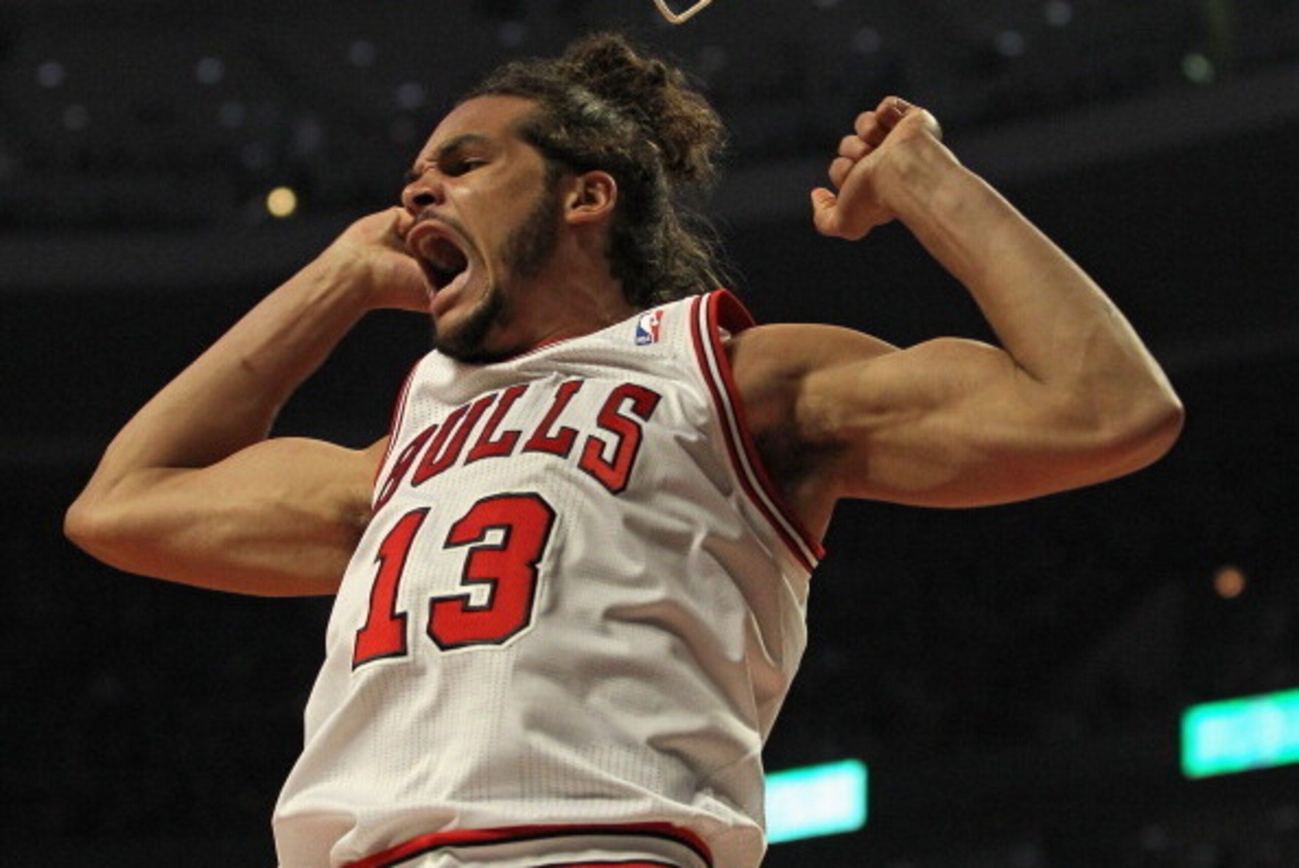CHICAGO, IL - FEBRUARY 28: Joakim Noah #13 of the Chicago Bulls yells after a dunk against the New Orleans Hornets at the United Center on February 28, 2012 in Chicago, Illinois. The Bulls defeated the Hornets 99-95. NOTE TO USER: User expressly acknowled