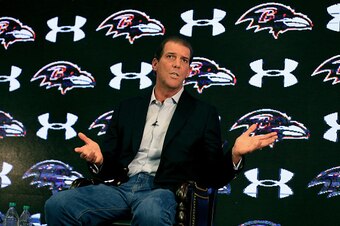 OWINGS MILLS, MD - SEPTEMBER 22:  Baltimore Ravens owner Steve Bisciotti addresses the media during a news conference at the team's practice facility concerning the recent controversy surrounding former player Ray Rice on September 22, 2014 in Owings Mill