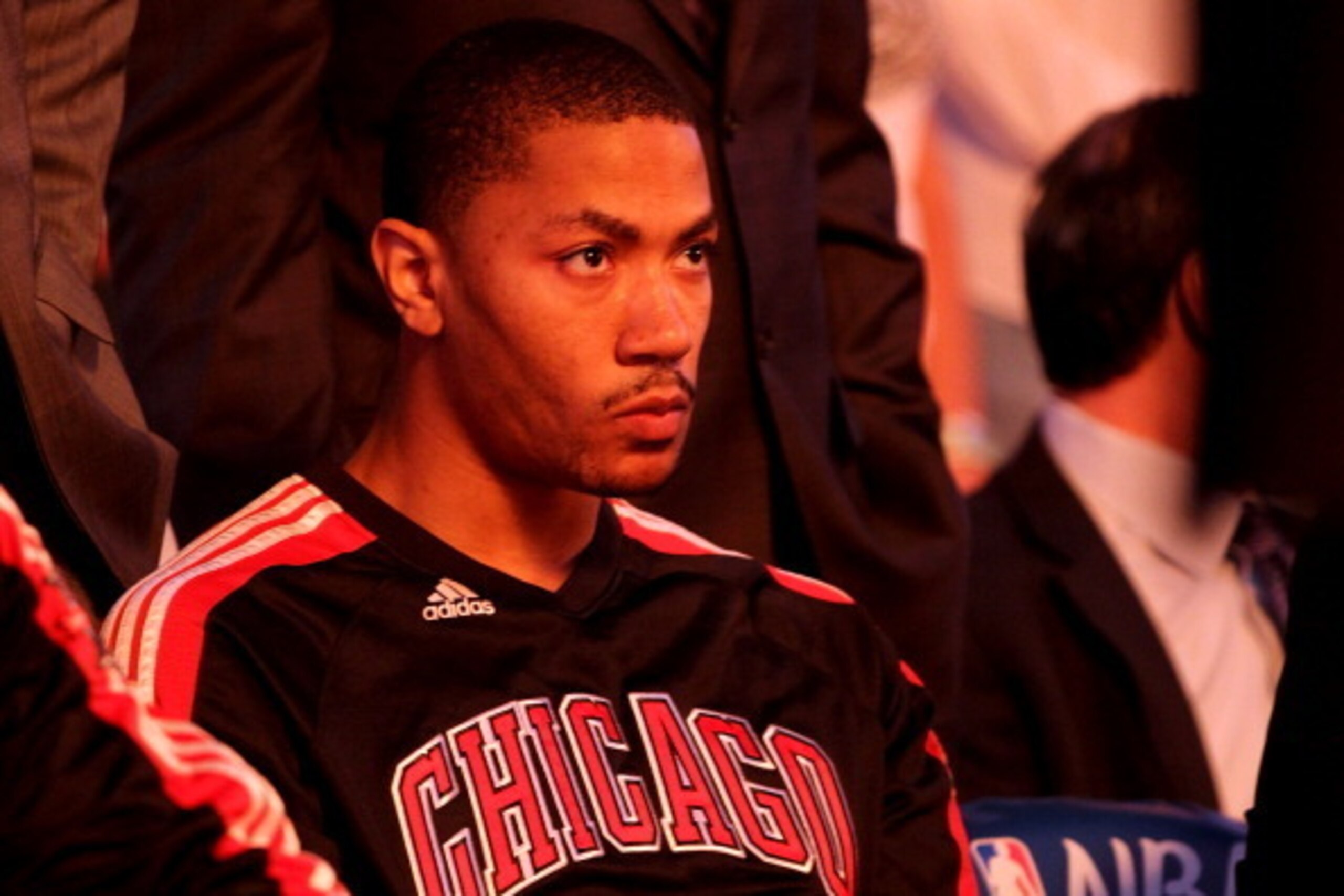 MIAMI, FL - MAY 22:  Derrick Rose #1 of the Chicago Bulls looks on from the bench during pregame festivities against the Miami Heat in Game Three of the Eastern Conference Finals during the 2011 NBA Playoffs on May 22, 2011 at American Airlines Arena in M